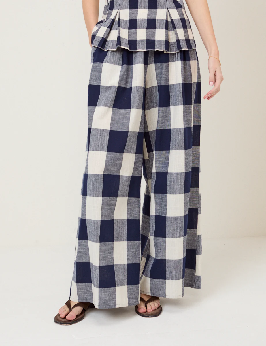 Navy Gingham Wide Leg Trousers - Image 4