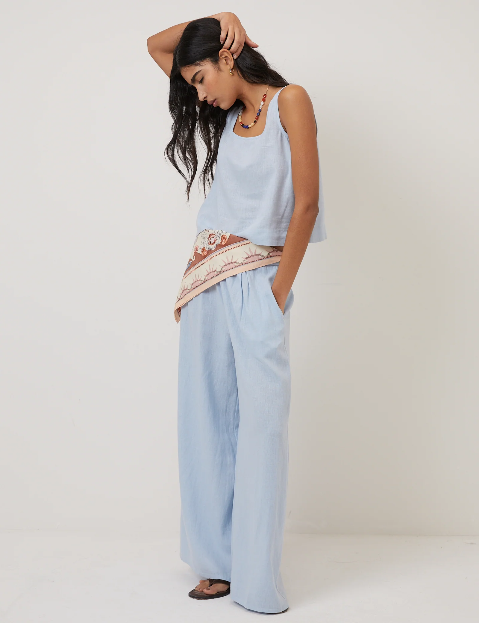 Light Blue Linen-Blend Wide Leg Trousers - Image 3