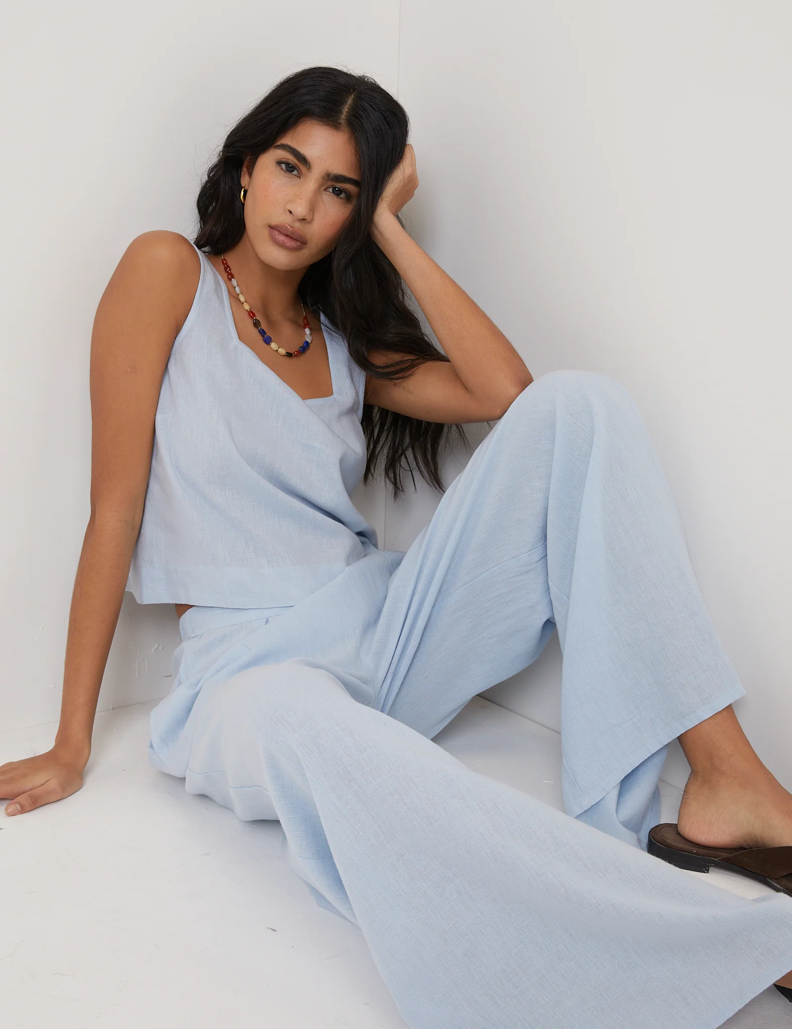 Light Blue Linen-Blend Wide Leg Trousers - Image 4