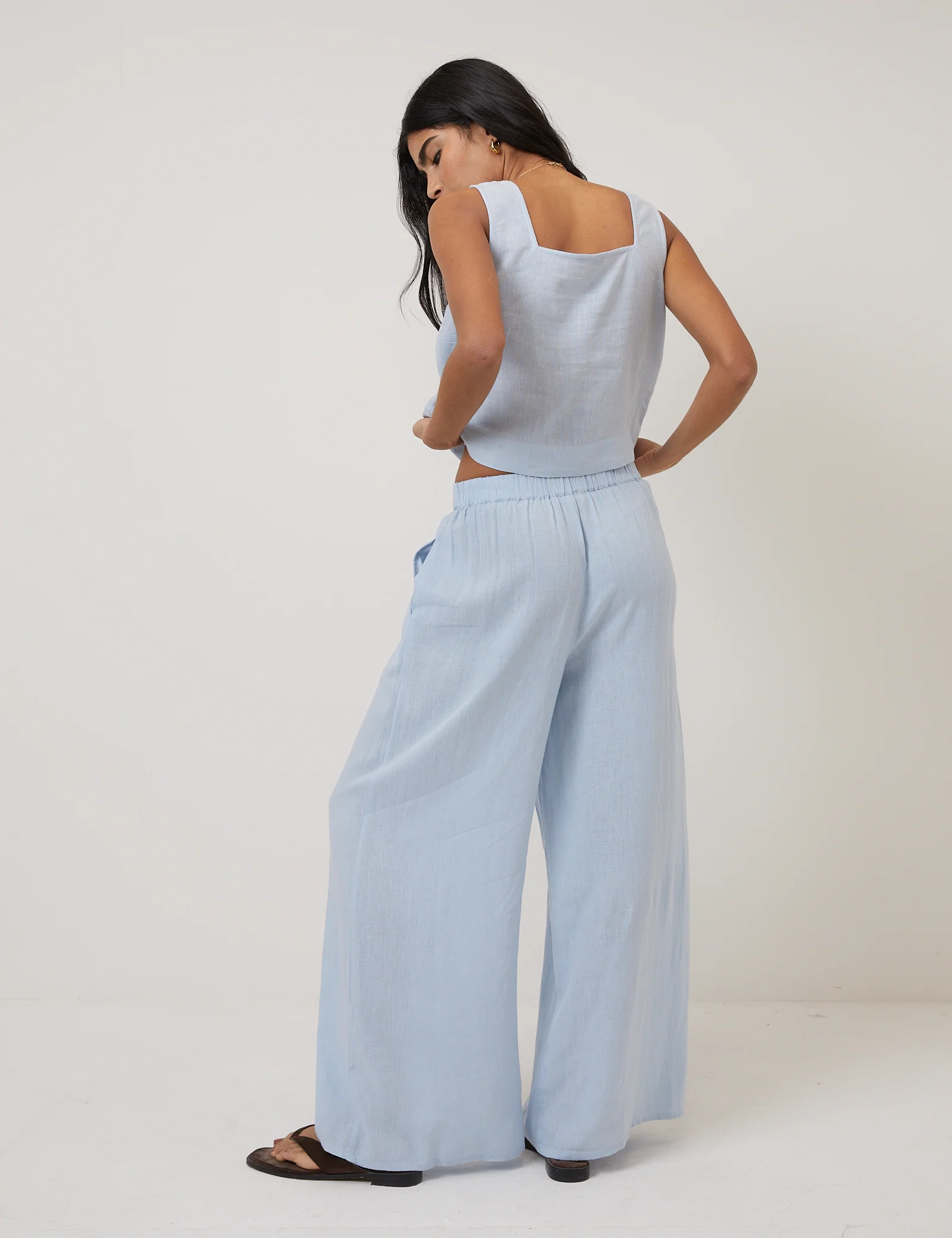 Light Blue Linen-Blend Wide Leg Trousers - Image 5