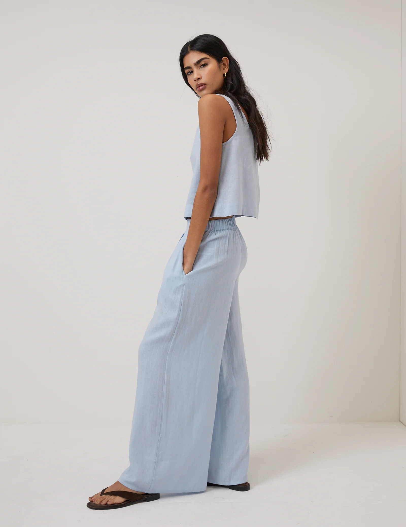 Light Blue Linen-Blend Wide Leg Trousers - Image 6