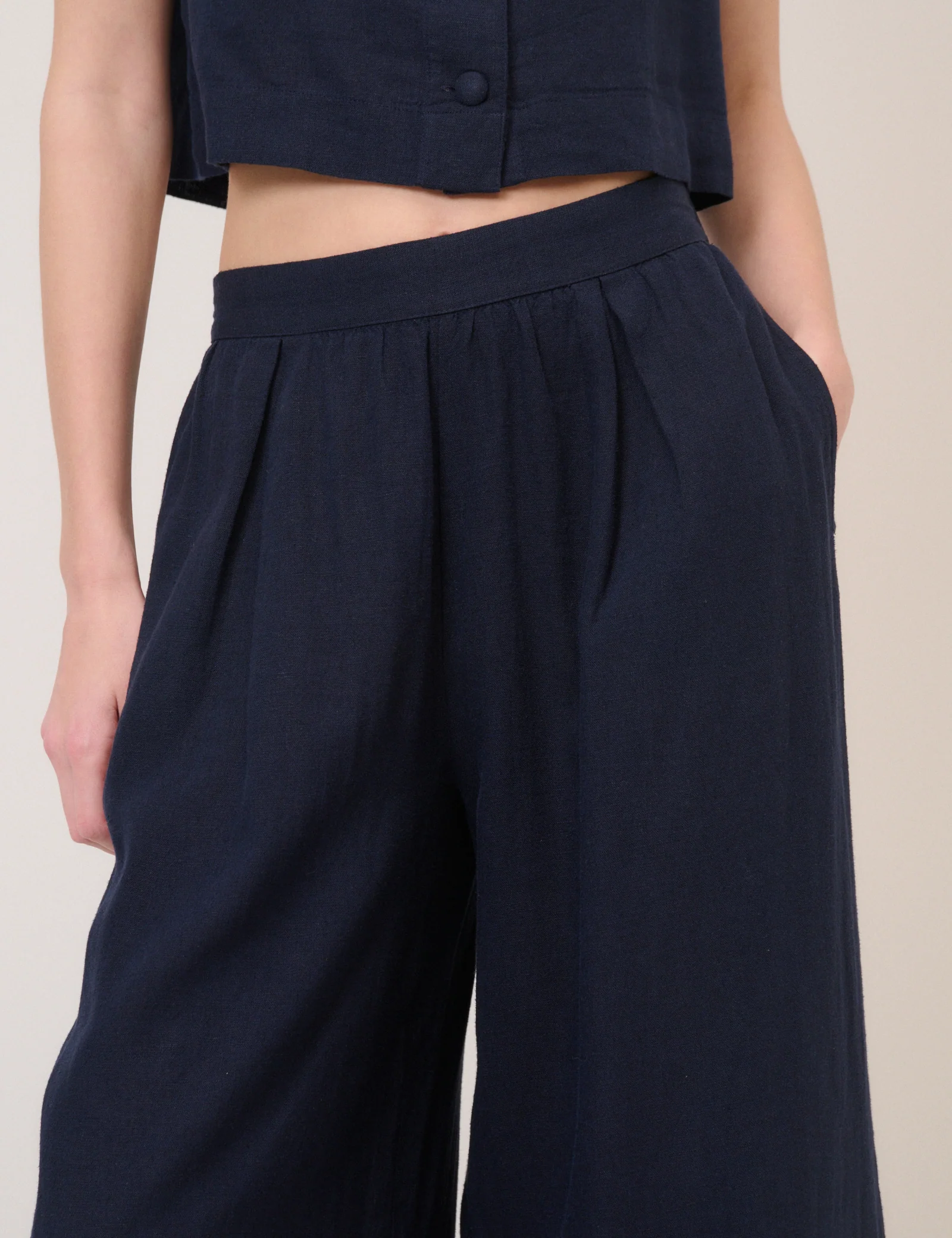 Navy Linen-Blend Wide Leg Trousers - Image 3