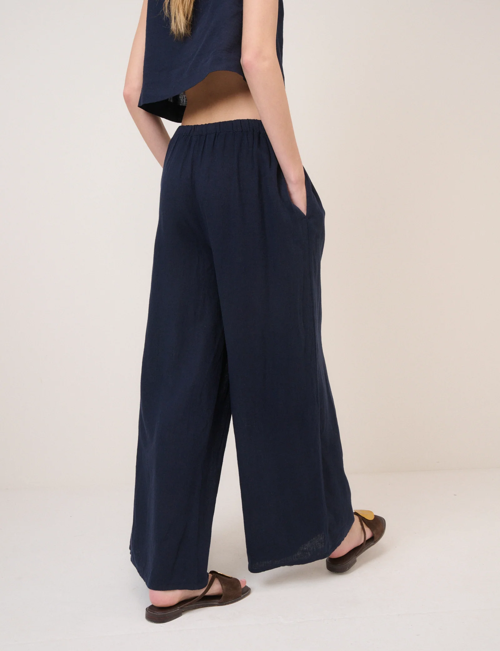 Navy Linen-Blend Wide Leg Trousers - Image 4