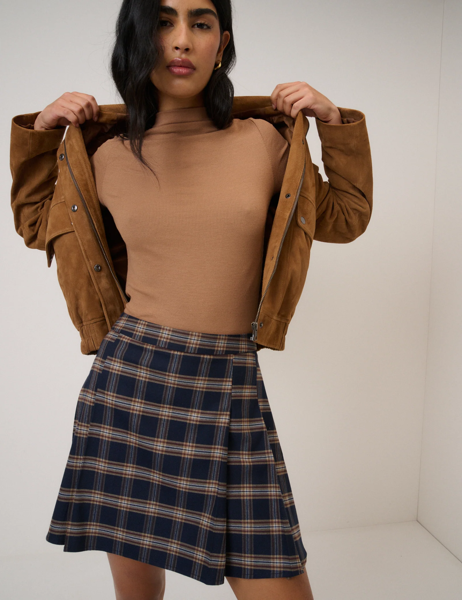 Navy Tartan Check Pleated Mini Skirt - Image 2
