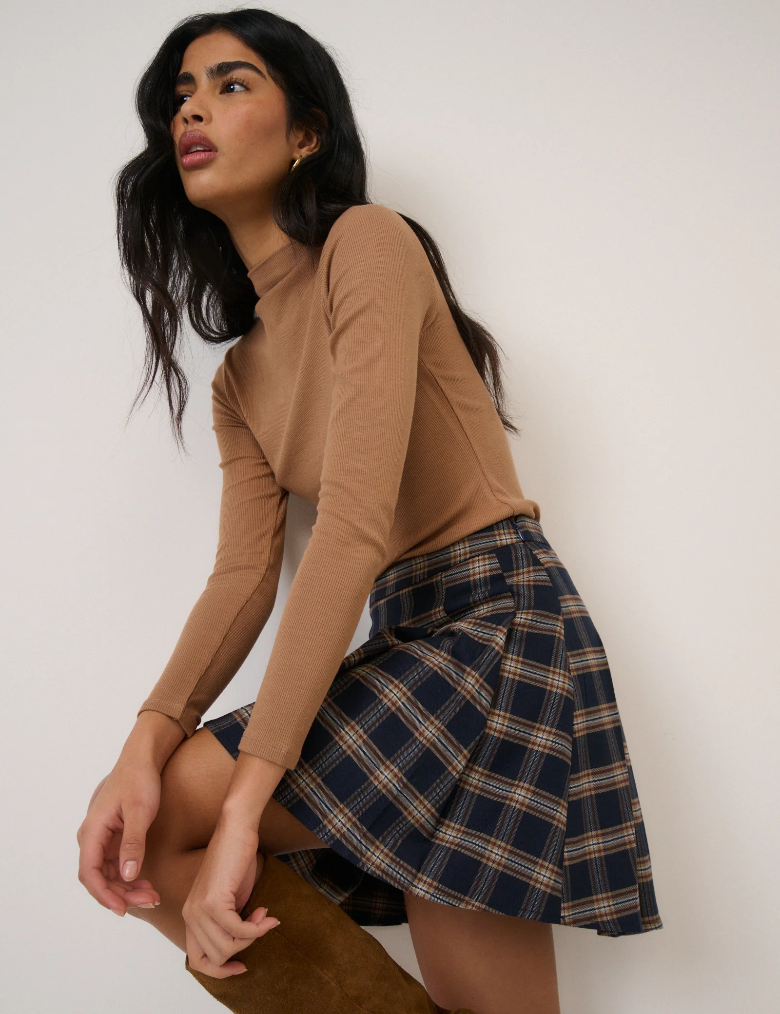 Navy Tartan Check Pleated Mini Skirt - Image 5