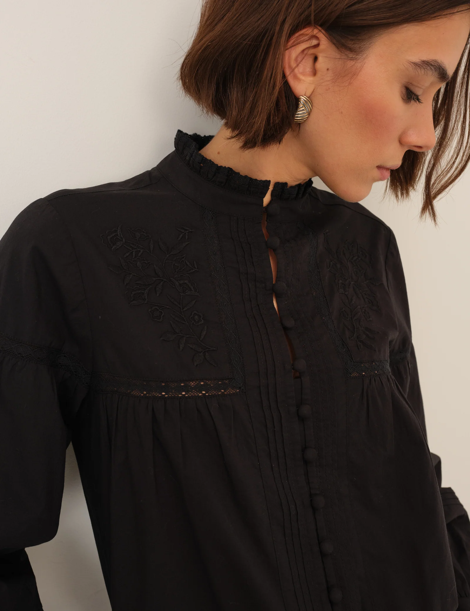 Black Floral Embroidered High Neck Blouse - Image 4