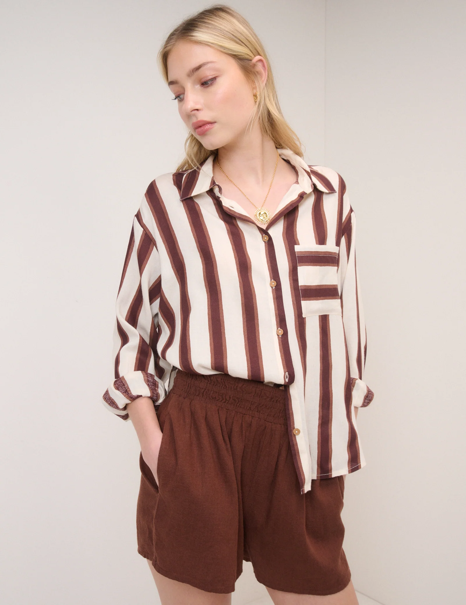 Brown Linen-Blend Elasticated Waist Shorts - Image 5