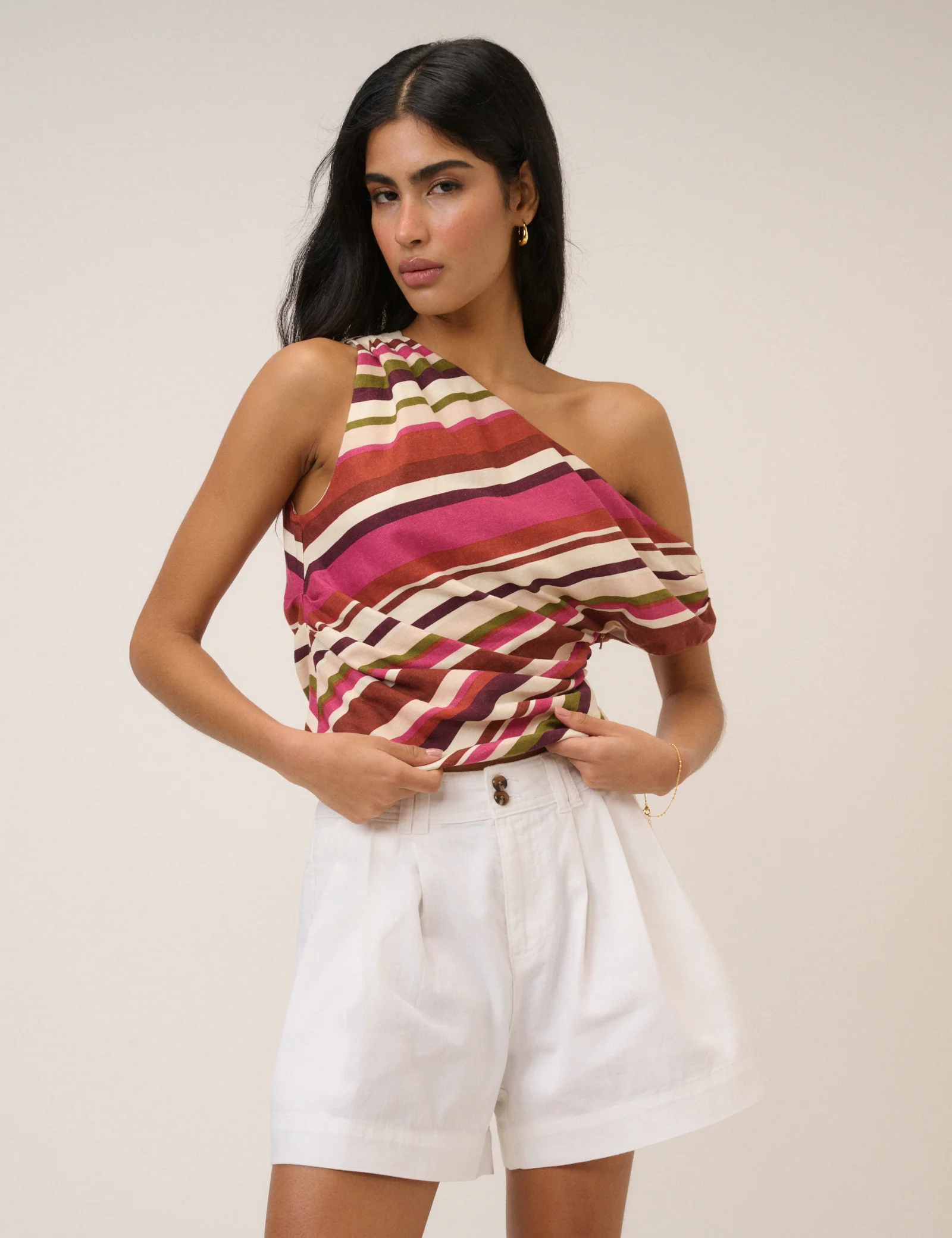 Multi-Coloured Striped Linen-Blend One Shoulder Top - Image 4