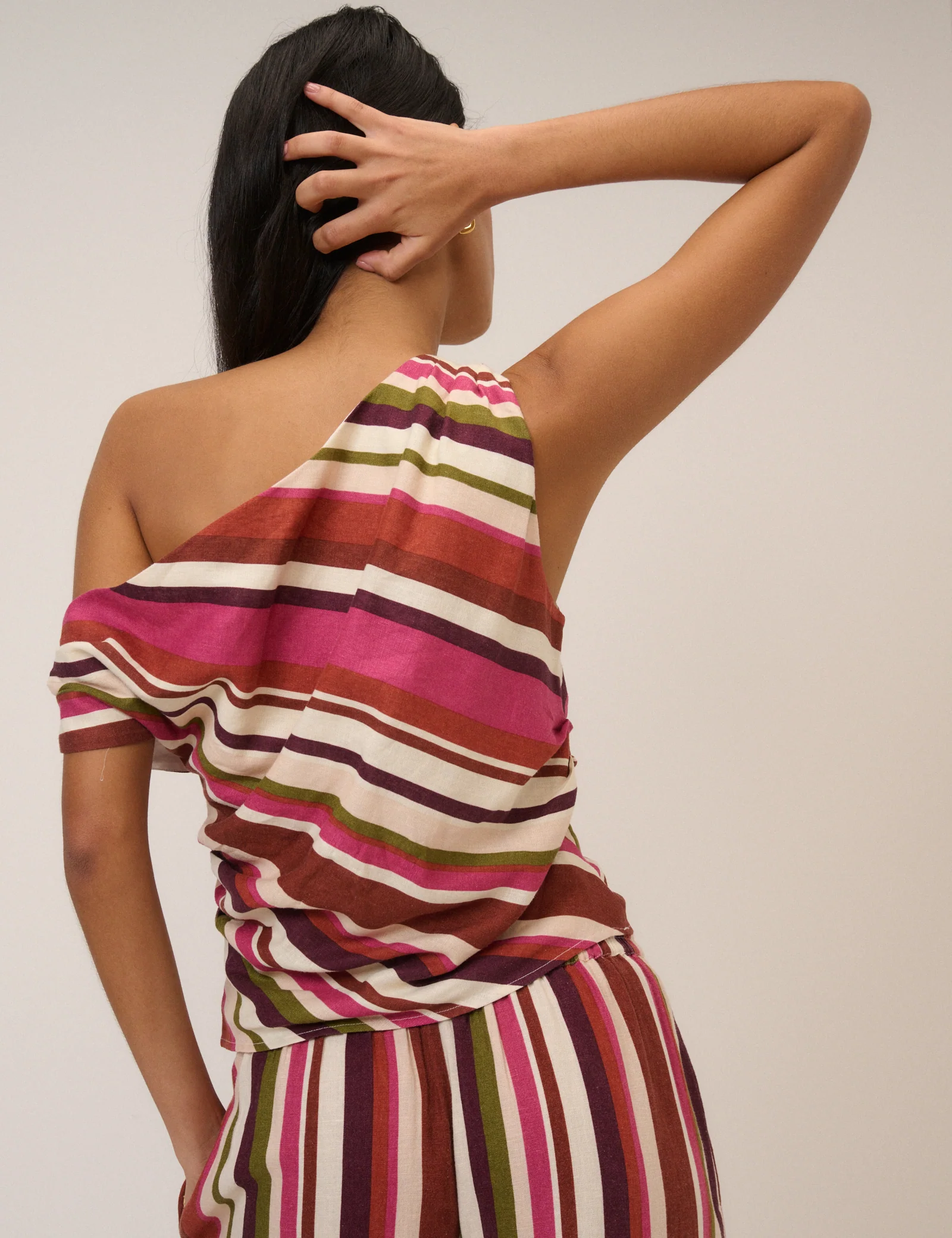 Multi-Coloured Striped Linen-Blend One Shoulder Top - Image 6