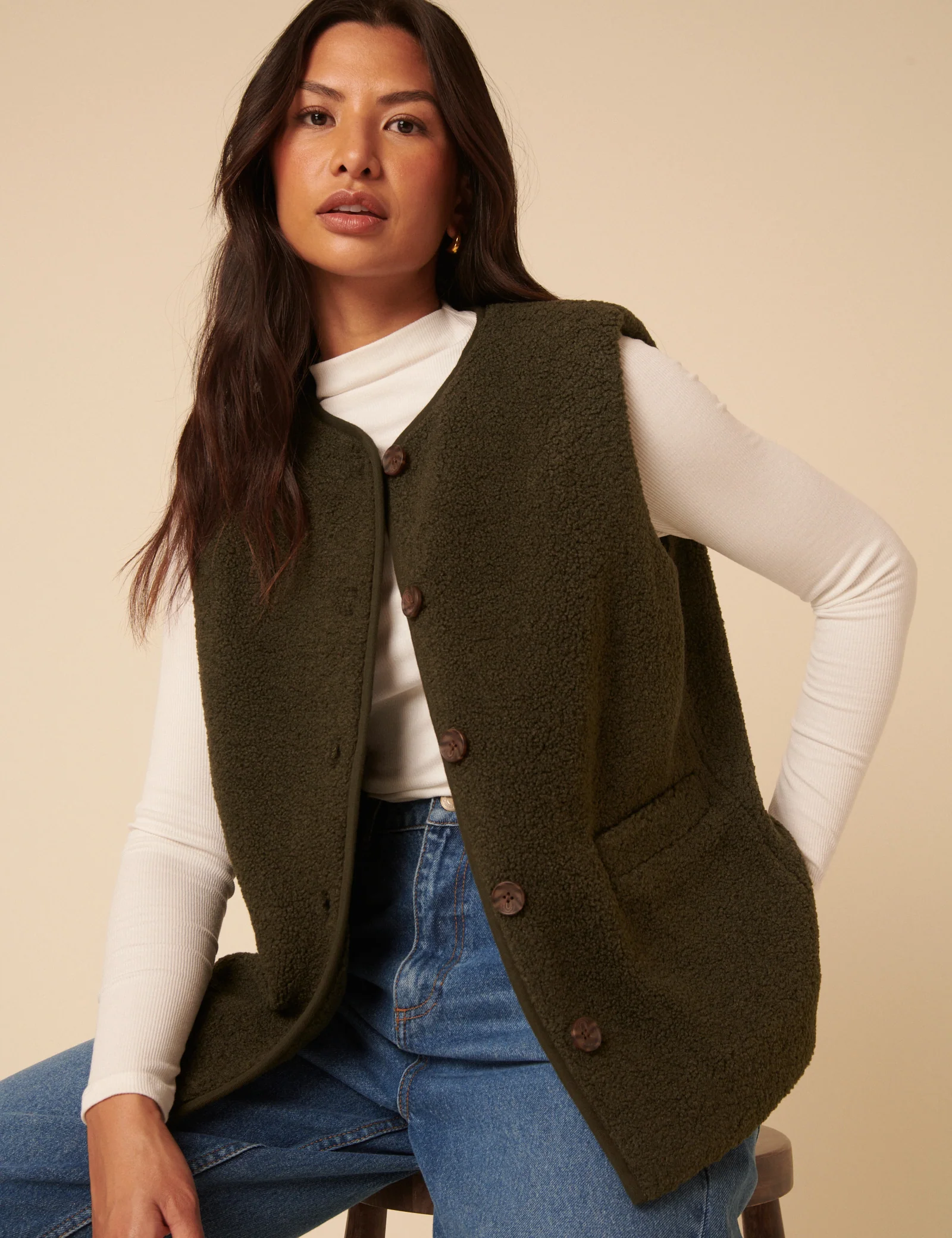 Khaki Borg Gilet - Image 4
