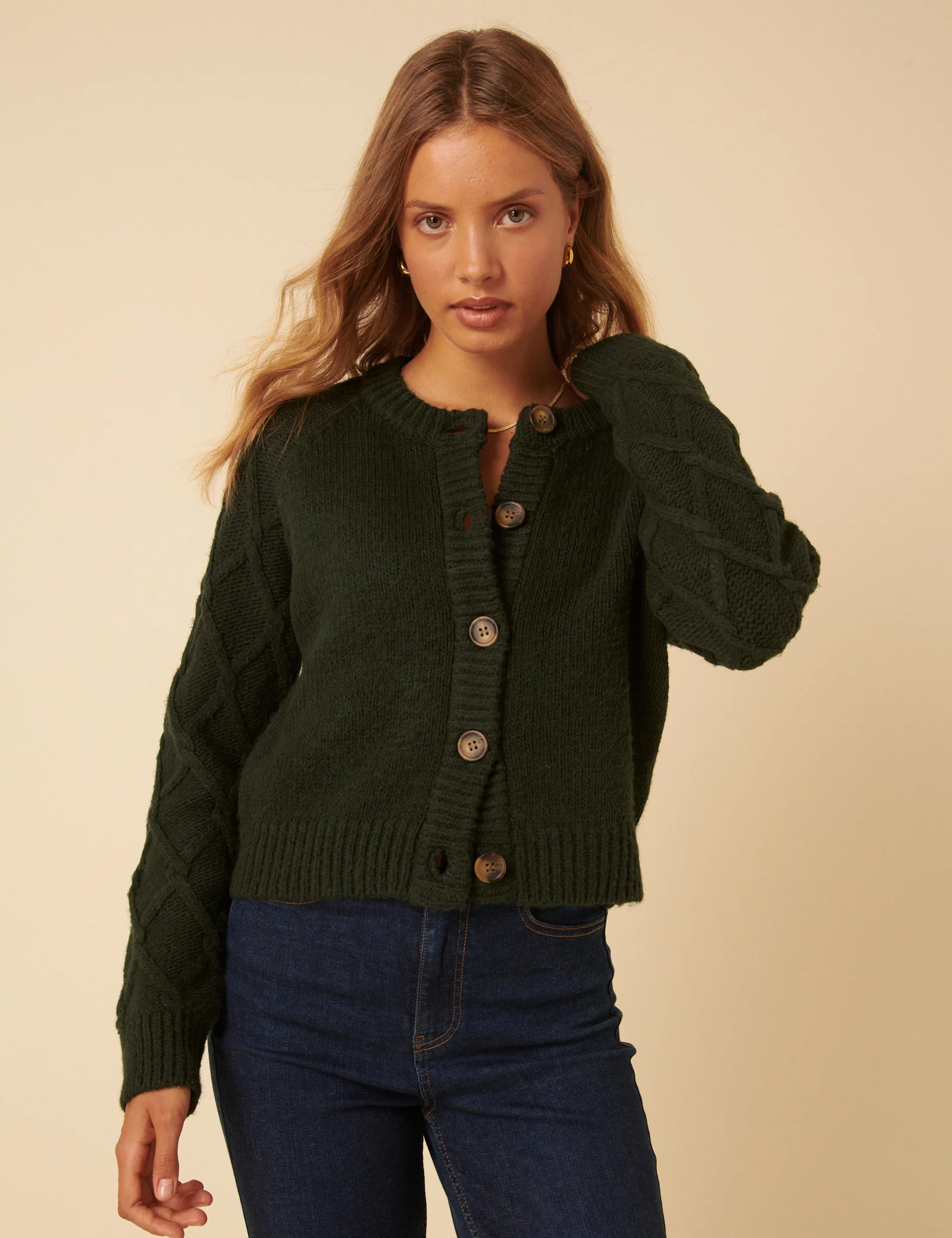 Khaki Cable Knit Crew Neck Cardigan - Image 3