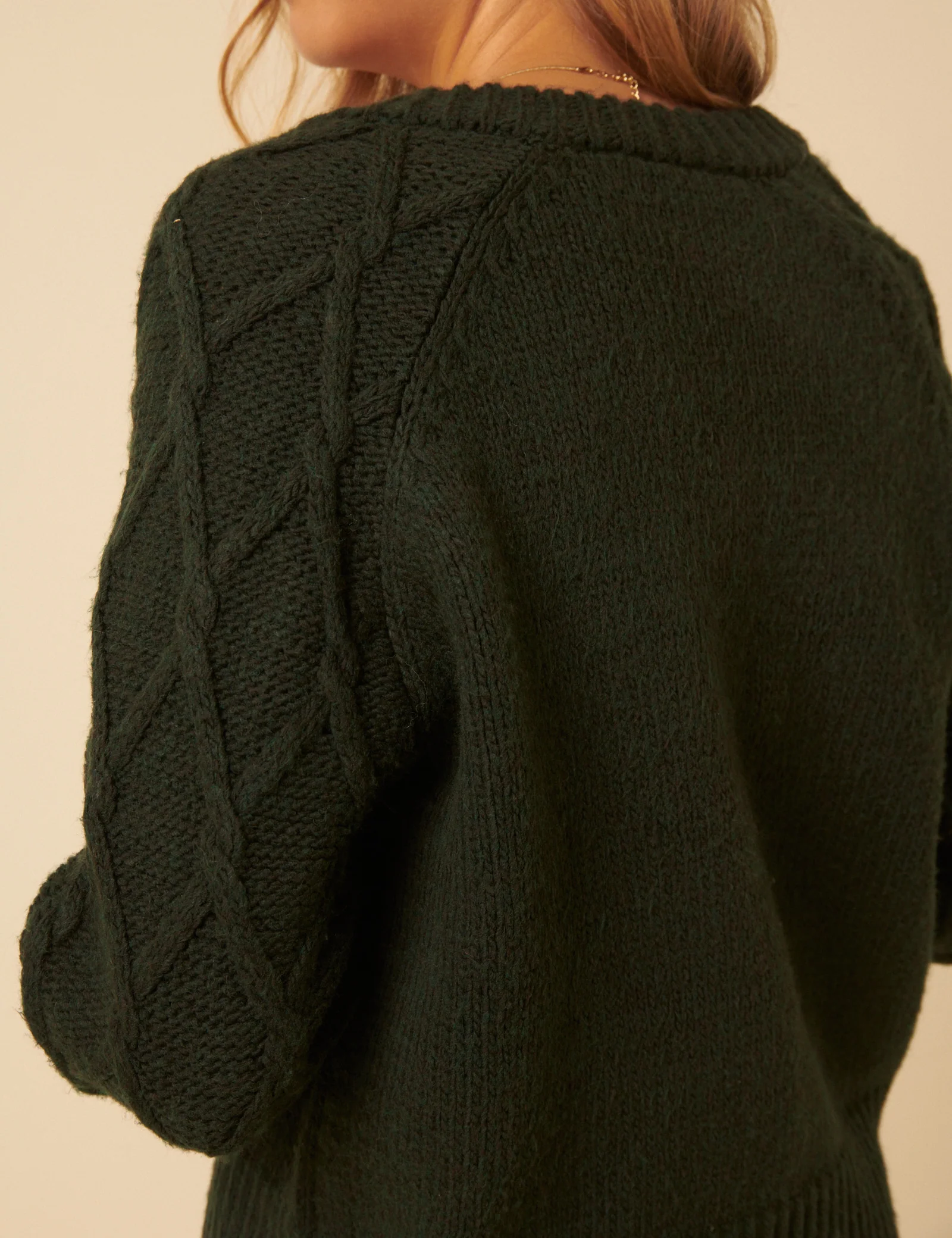 Khaki Cable Knit Crew Neck Cardigan - Image 4