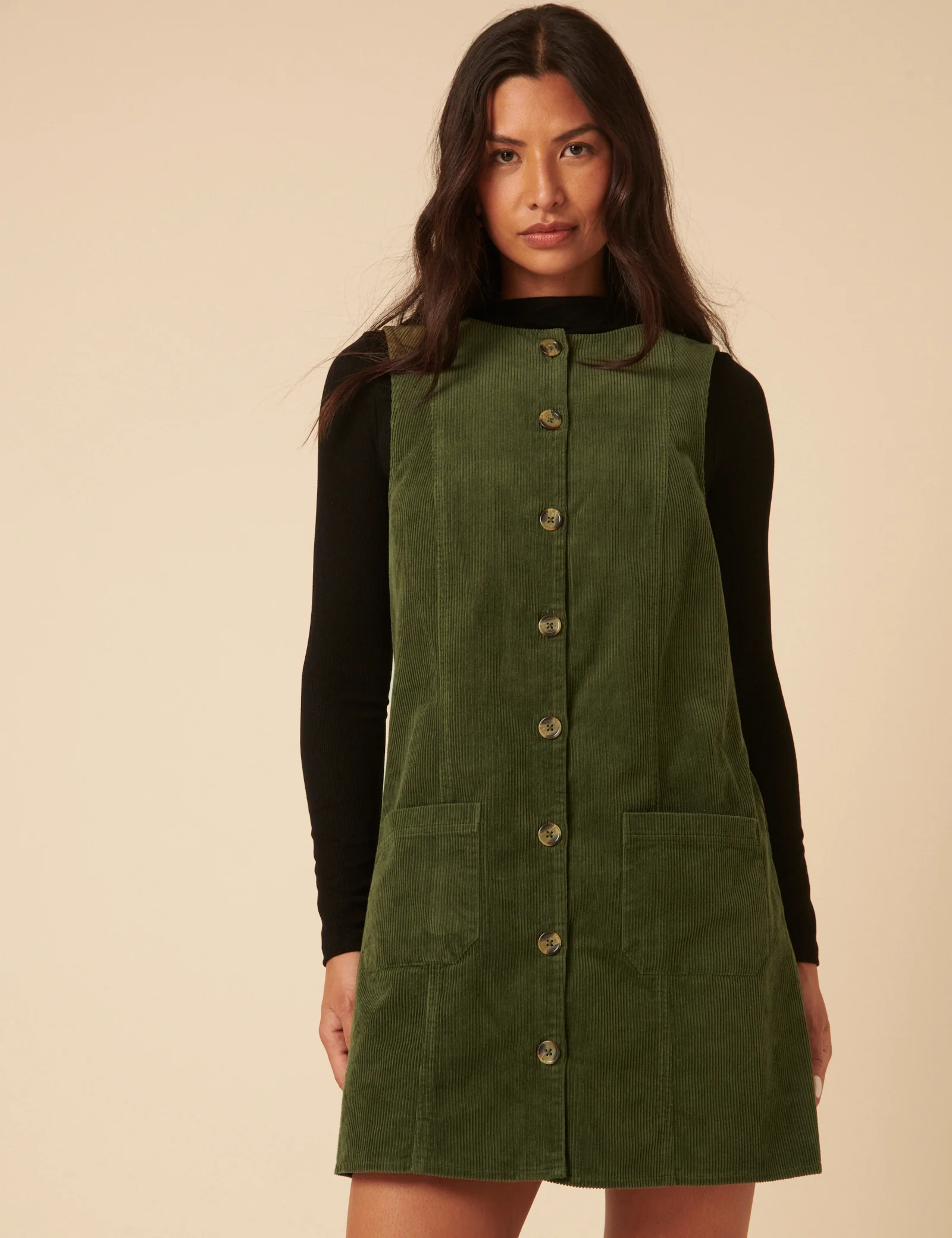 Khaki Cord Alessa Pinafore Mini Dress - Image 4