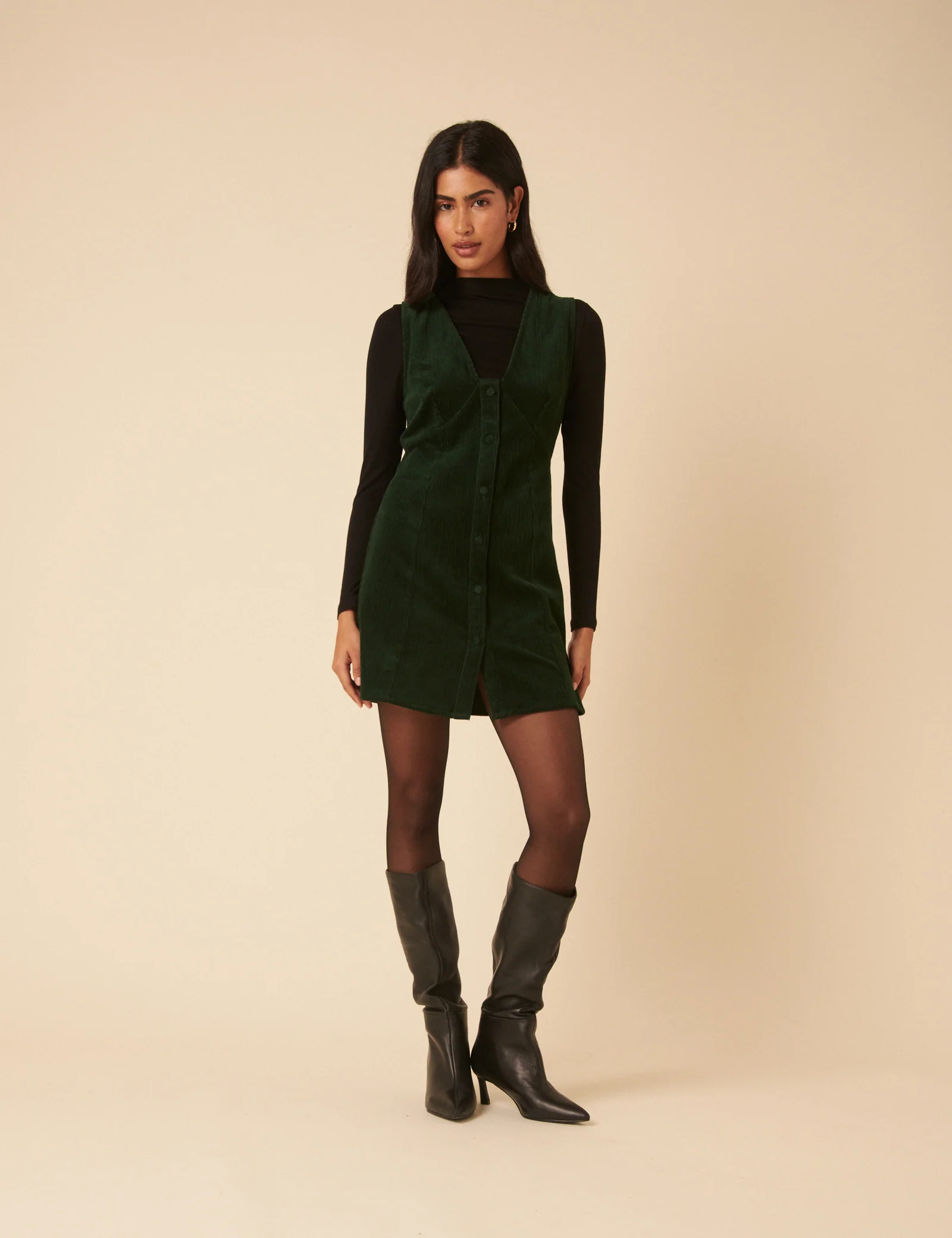 Khaki Green Cord Gianna Pinafore Mini Dress - Image 3