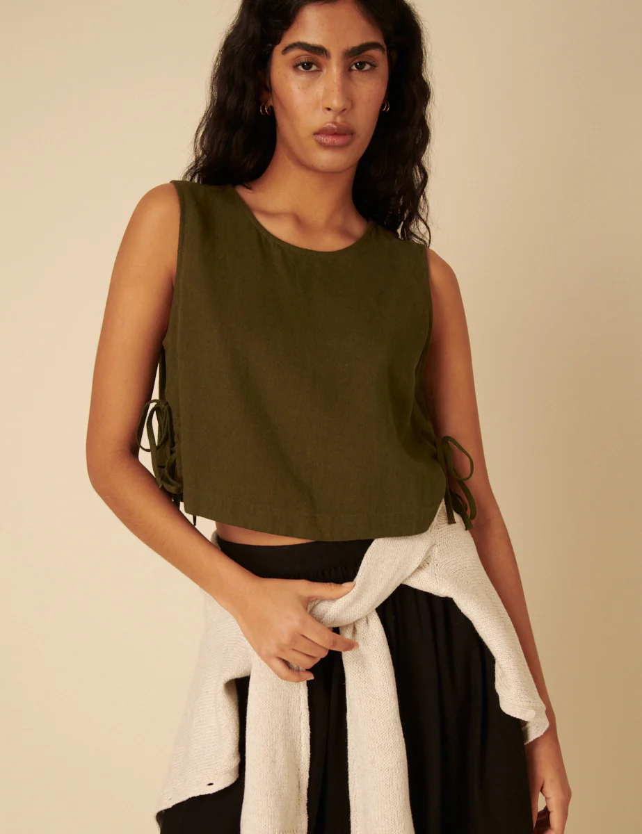 Khaki Green Linen-blend Side Tie Sleeveless Top - Image 4