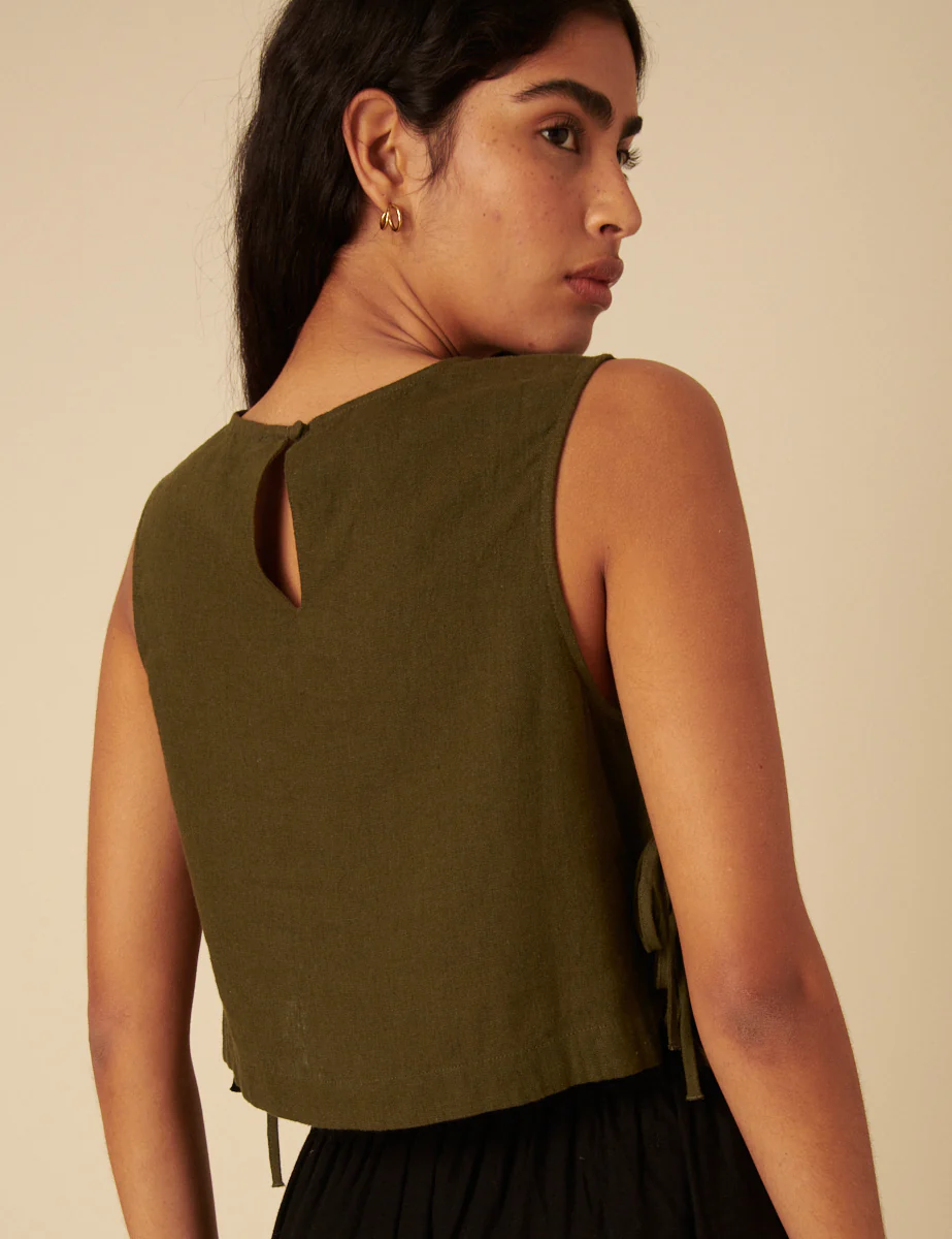 Khaki Green Linen-blend Side Tie Sleeveless Top - Image 5