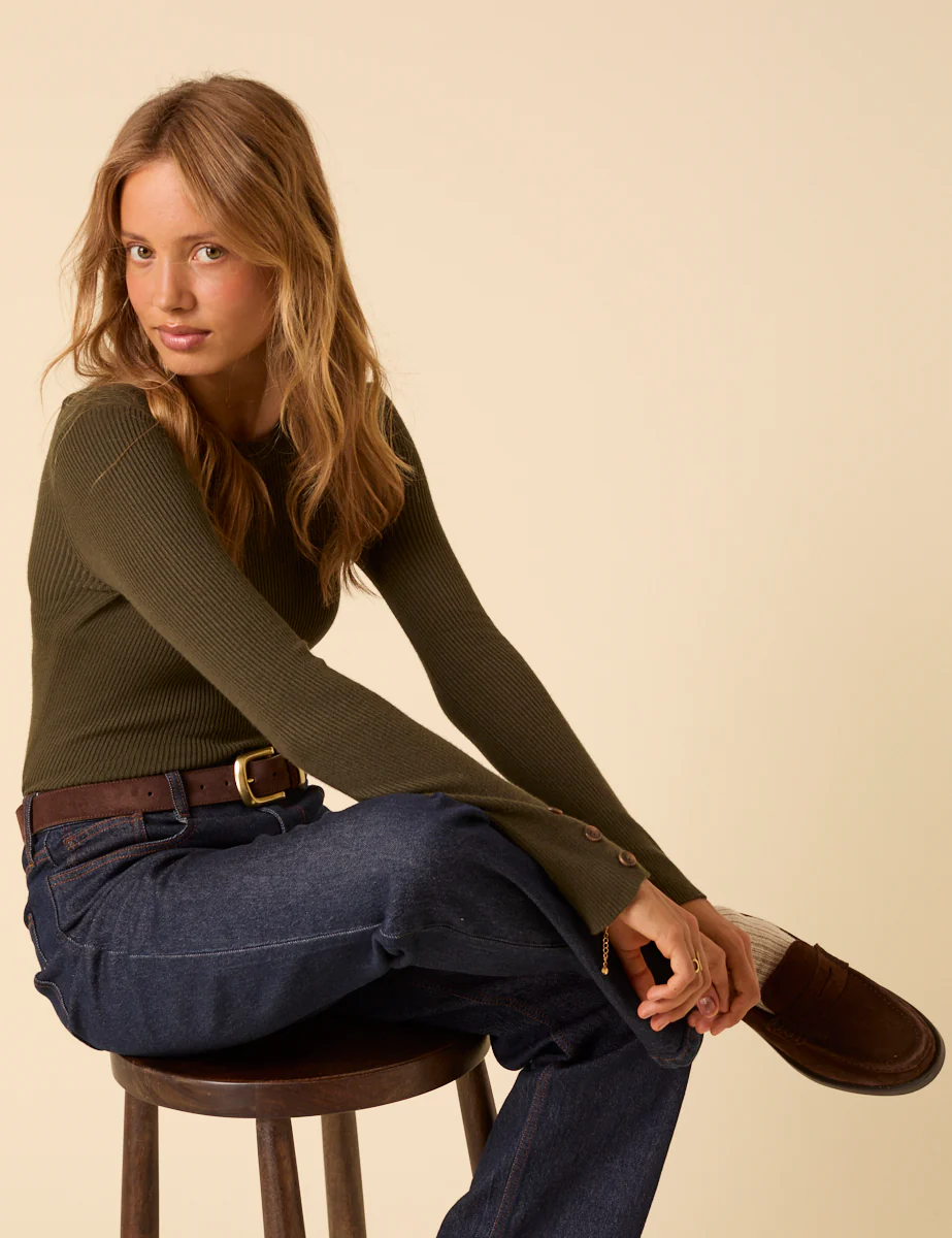 Khaki Green Rib Knitted Long Sleeve Top - Image 3
