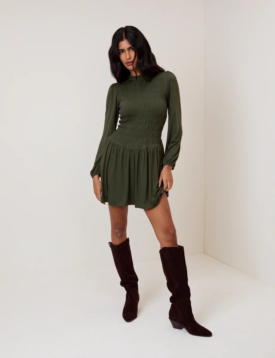 Khaki Green Ruched Siobhan Jersey Mini Dress - Image 3