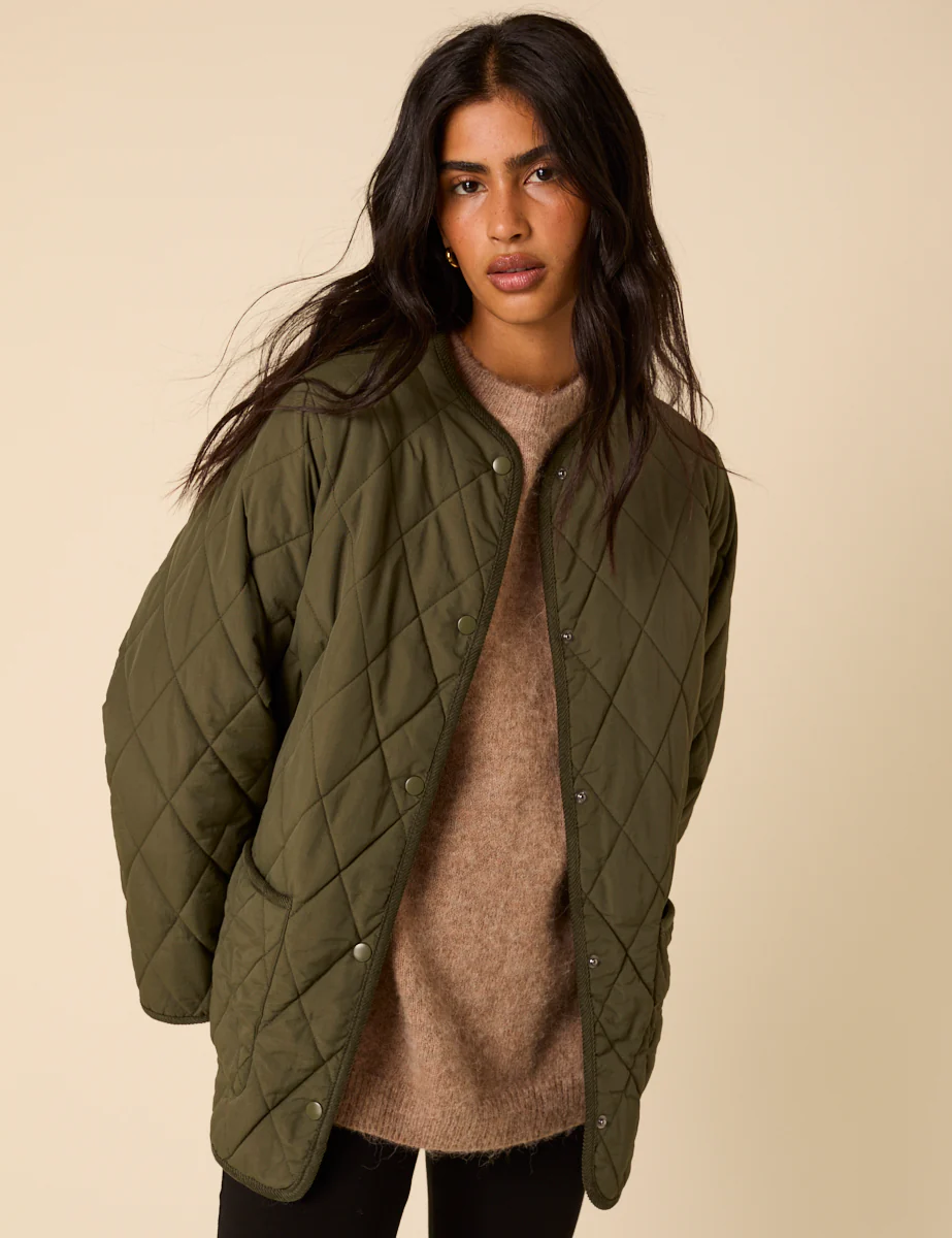 Khaki Quilted Detachable Scarf Coat