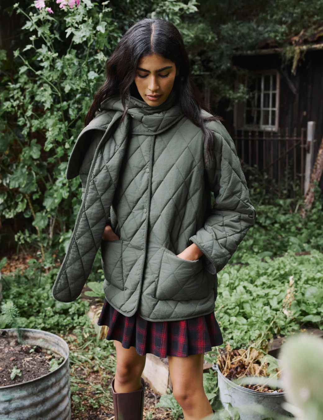 Khaki Quilted Detachable Scarf Coat - Image 2