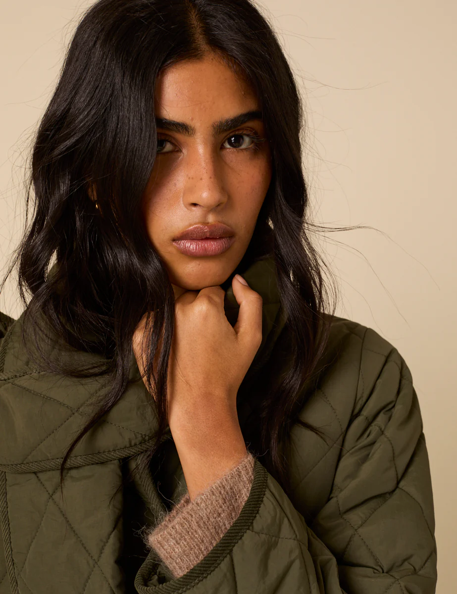 Khaki Quilted Detachable Scarf Coat - Image 3