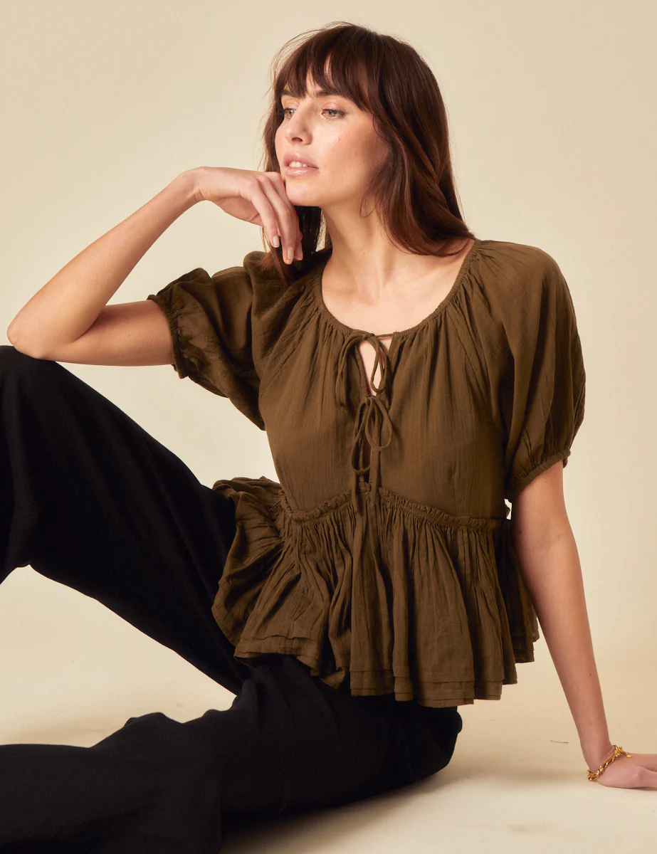 Khaki Tie Front Peplum Top - Image 2