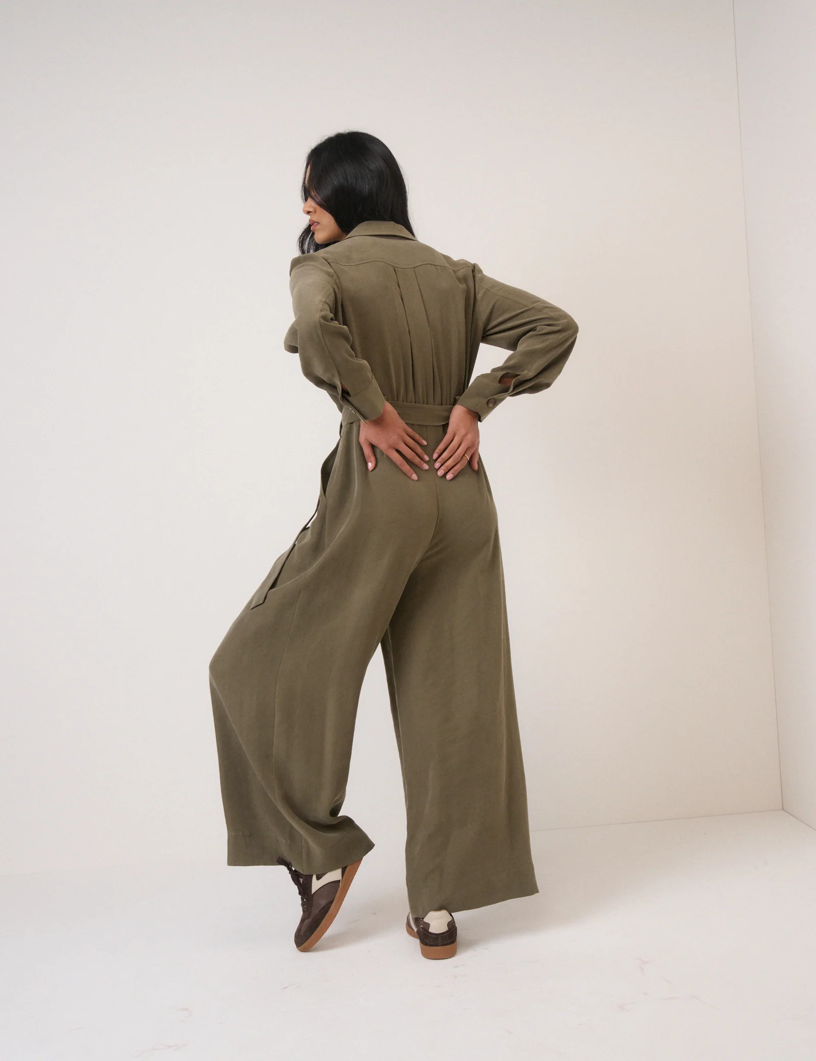 Khaki Twill Tie Waist Jumpsuit - Image 5