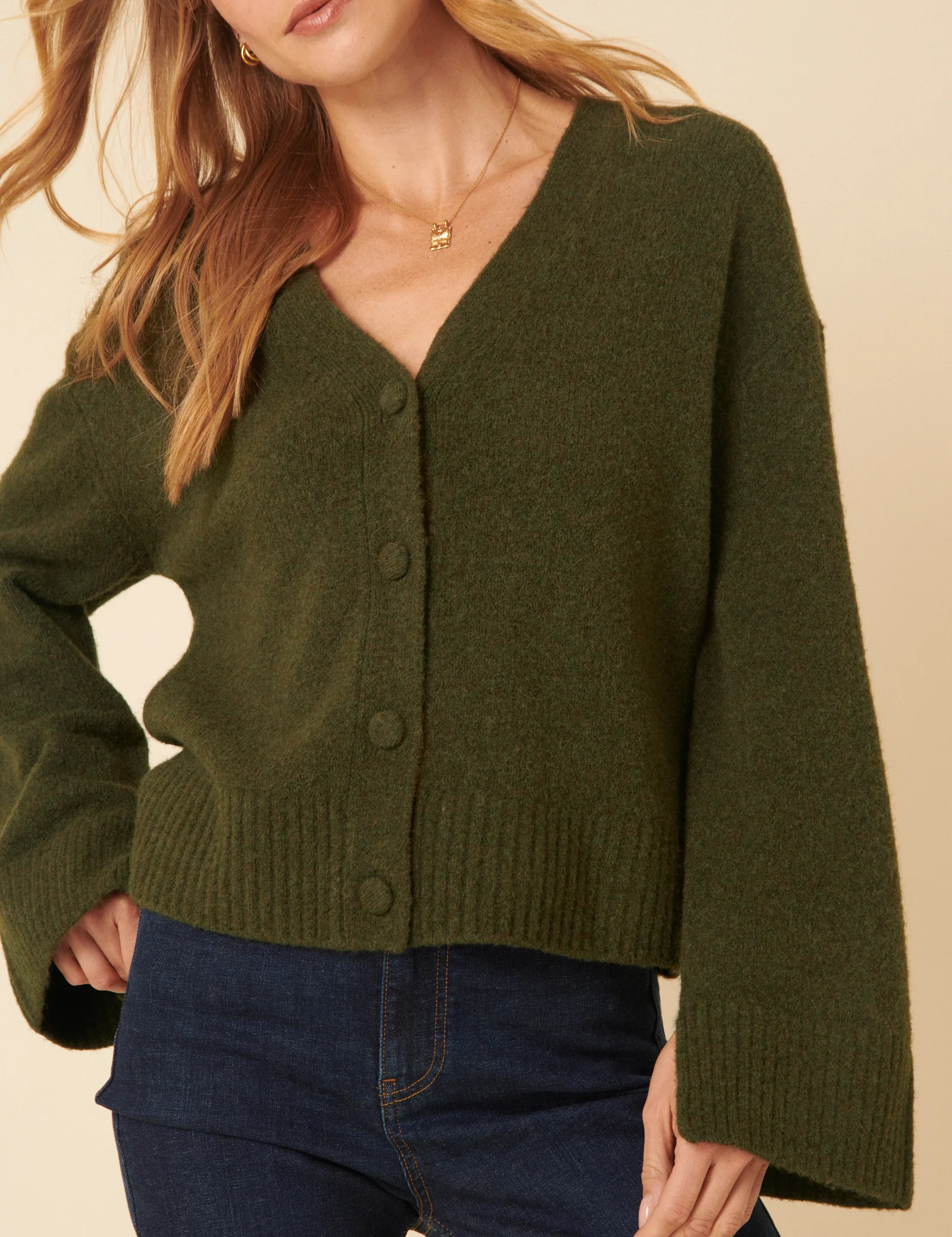 Khaki V-Neck Relaxed Fit Cardigan - Image 2