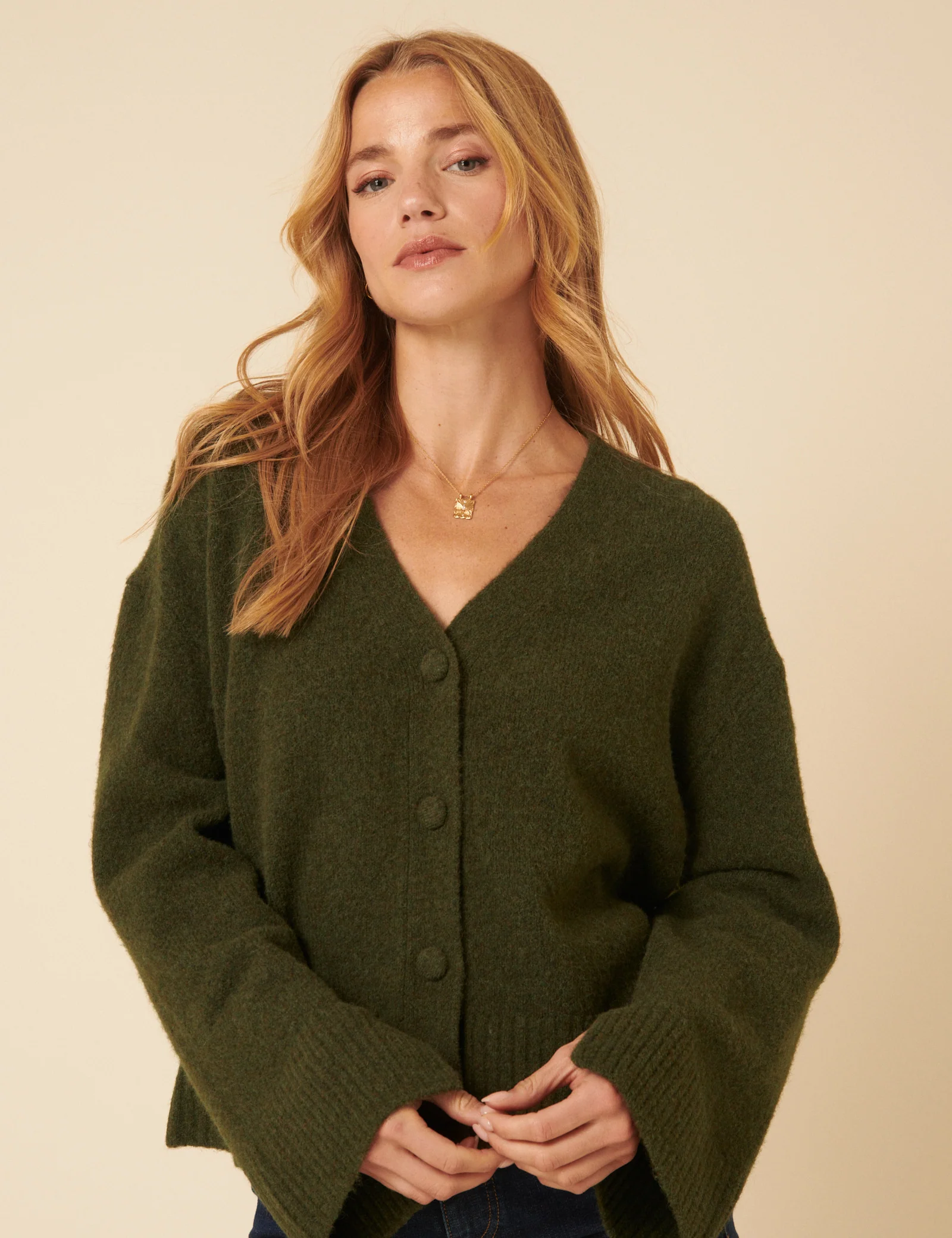 Khaki V-Neck Relaxed Fit Cardigan - Image 3
