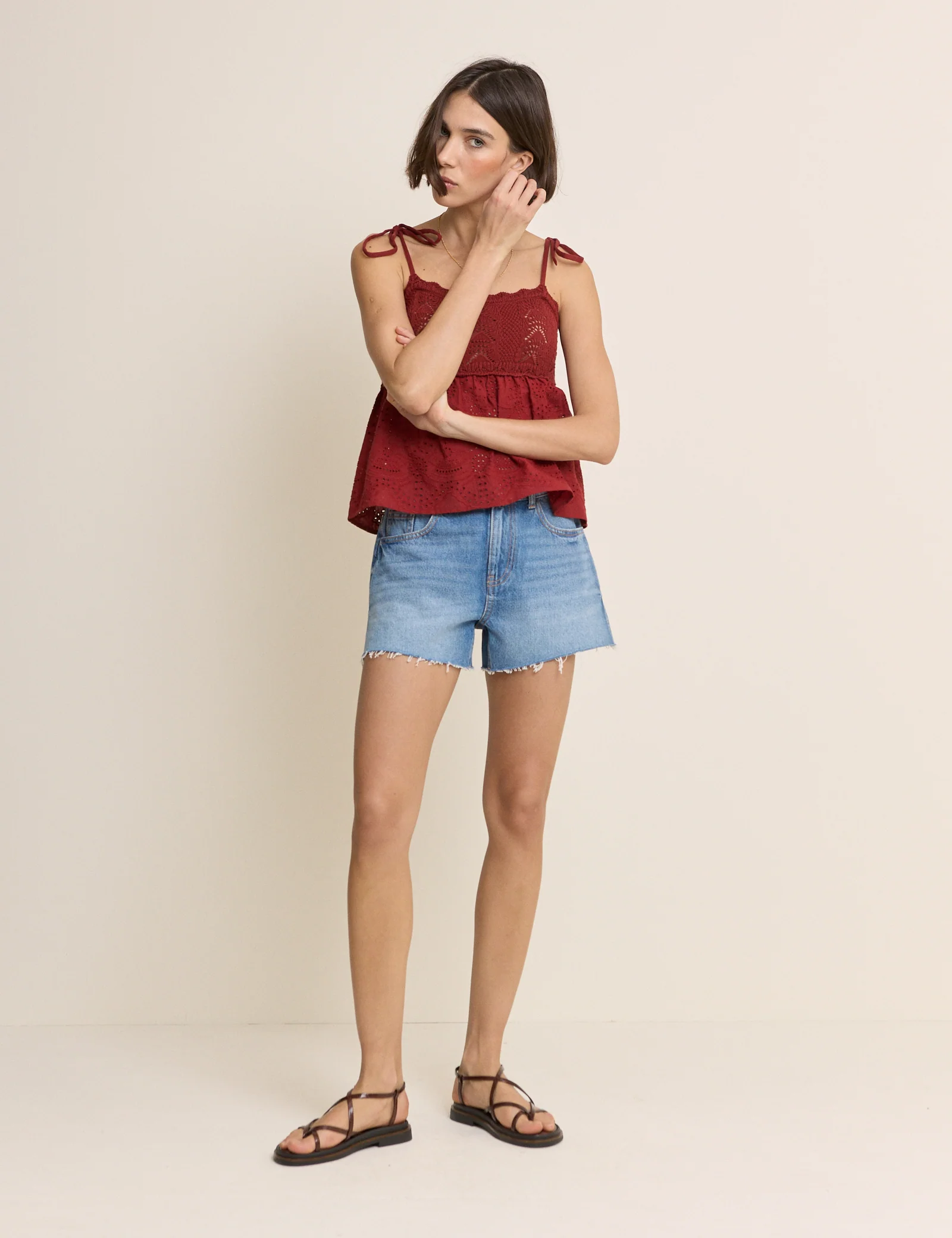 Red Crochet Broderie Anglaise Cami Top - Image 5