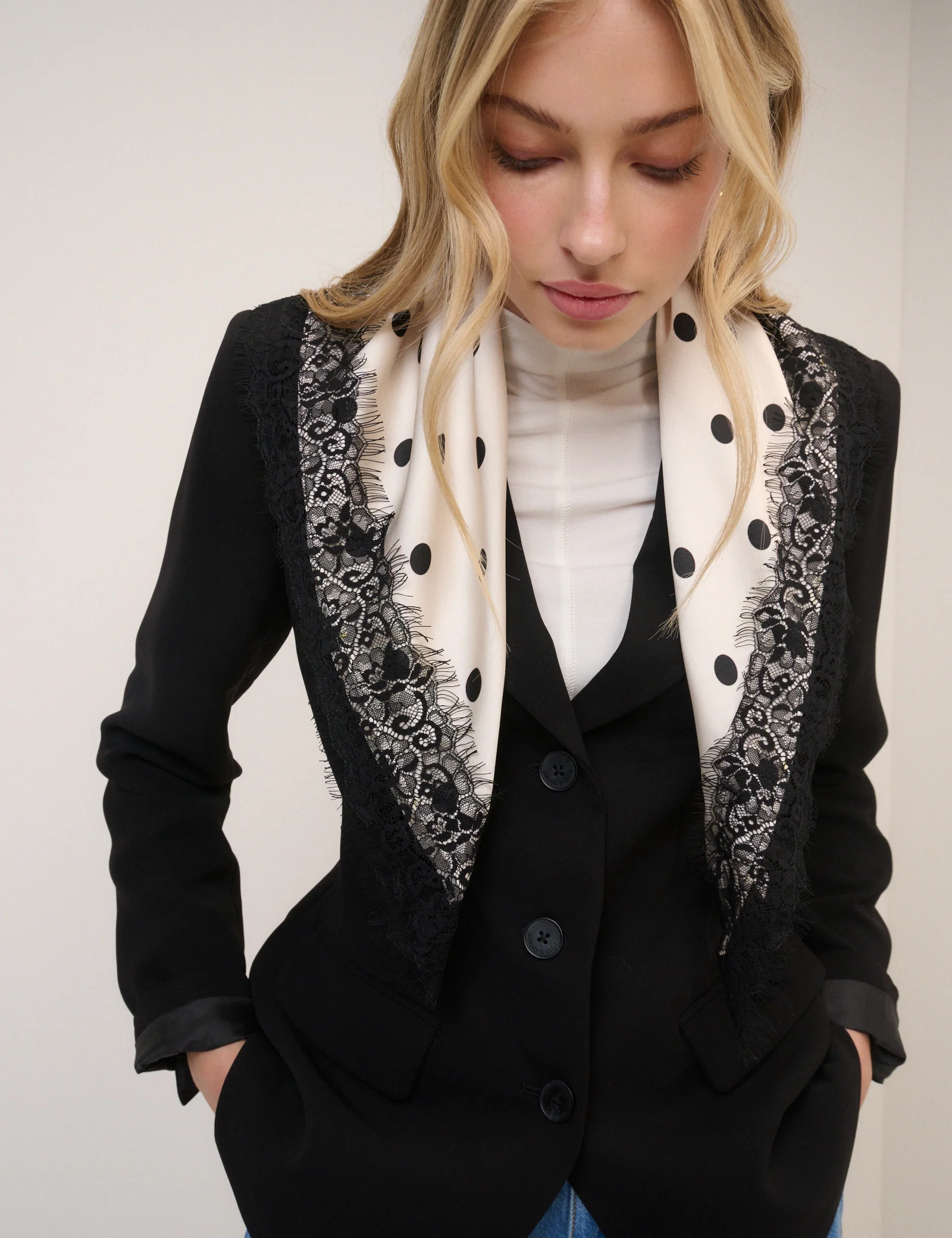 White Polka Dot Lace Trim Scarf - Image 6