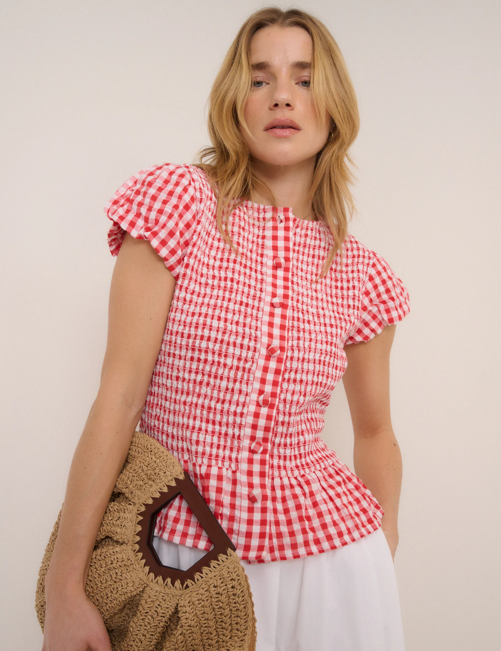Red Gingham Puff Sleeve Blouse - Image 4