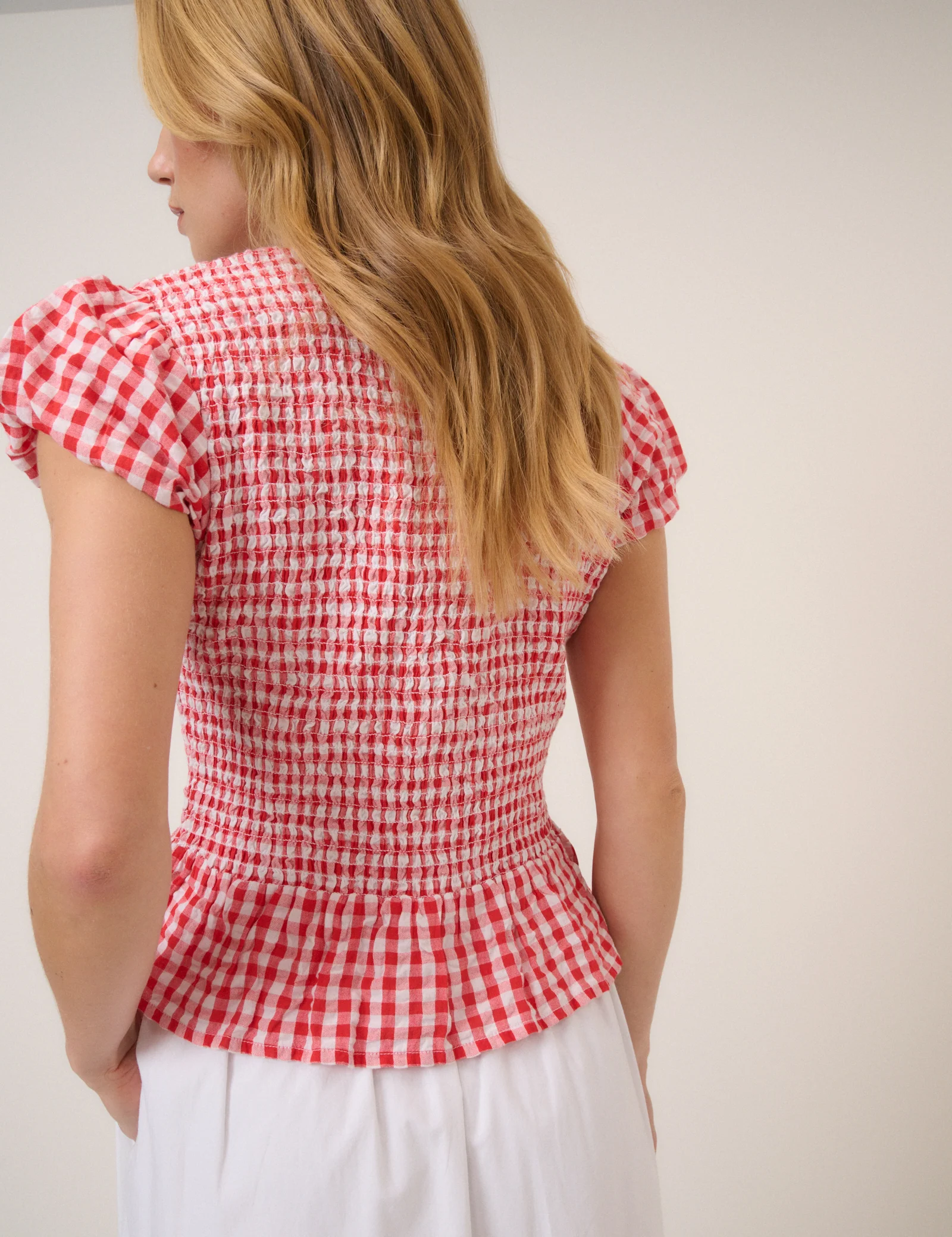 Red Gingham Puff Sleeve Blouse - Image 5