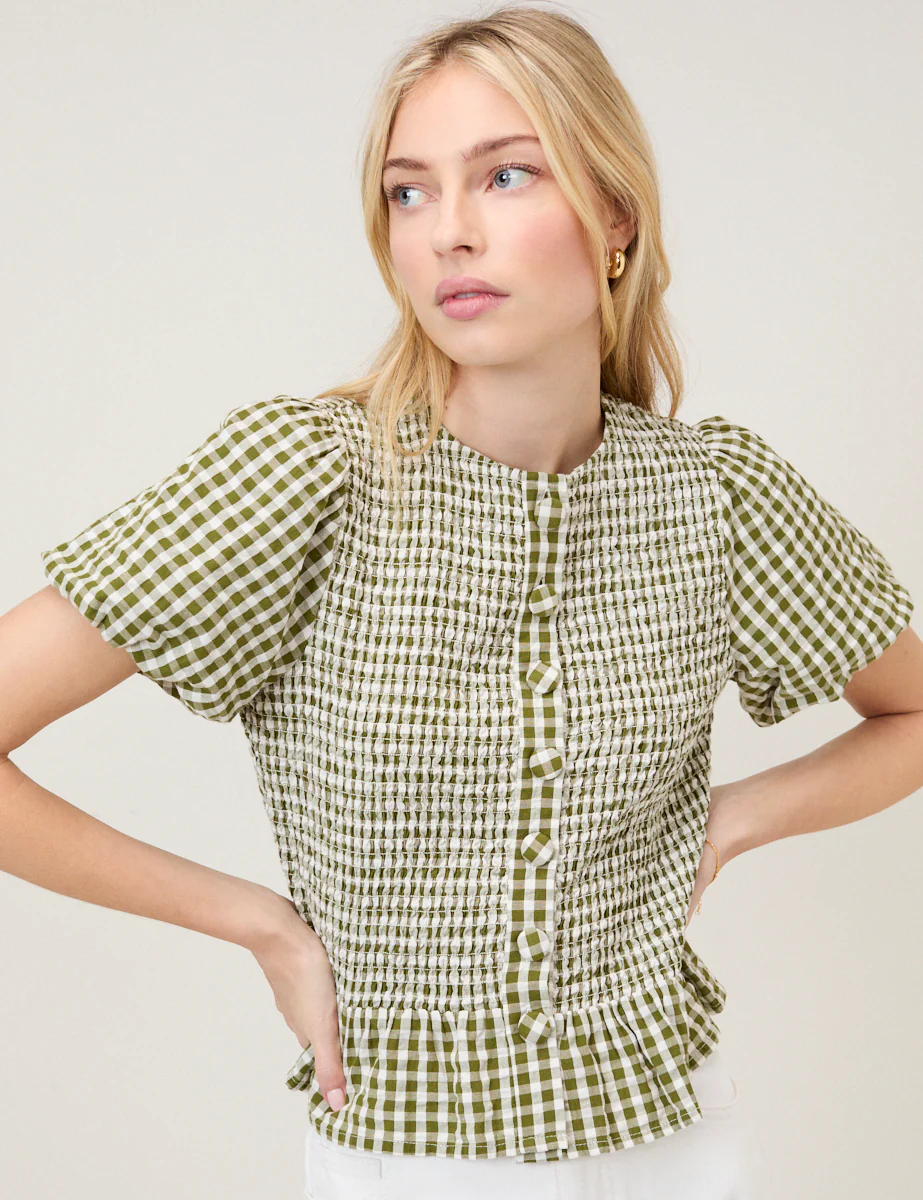 Green Gingham Puff Sleeve Top - Image 2