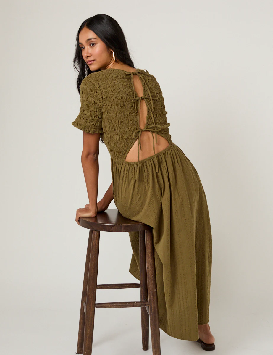 Khaki Shirred Leah Midi Dress - Image 5