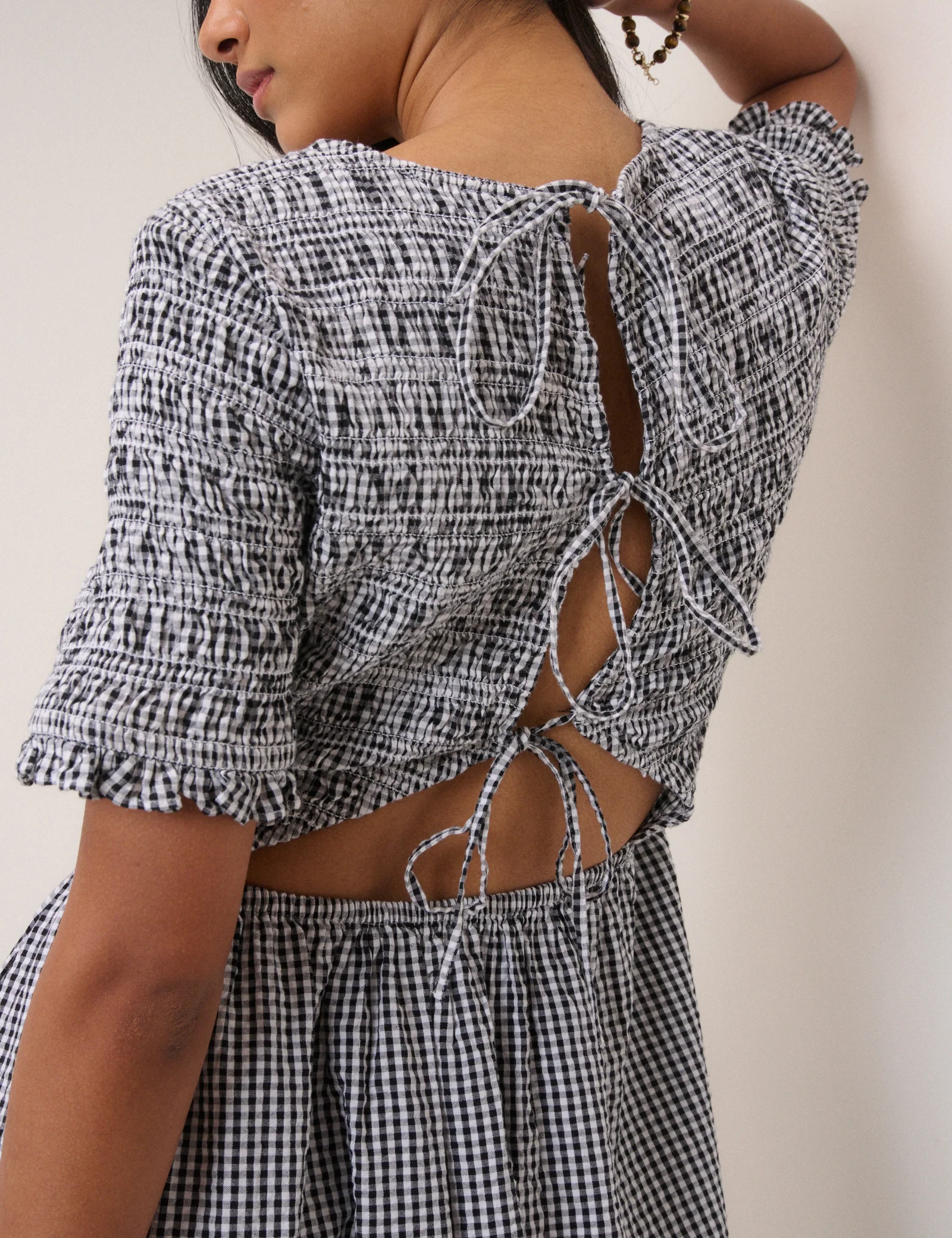 Navy Gingham Shirred Leah Midi Dress - Image 2