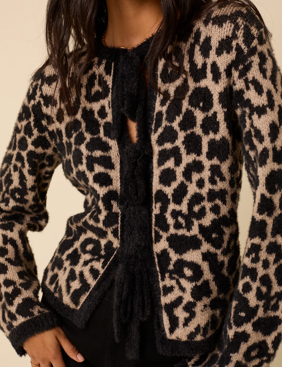 Leopard Print Tie Front Cardigan - Image 2