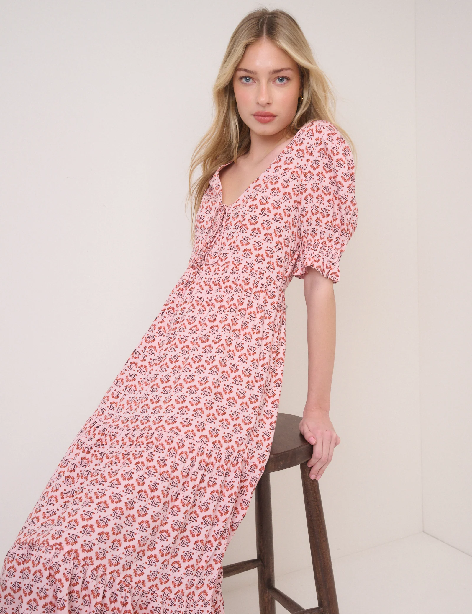 Pink Floral Puff Sleeve Lia Midi Dress - Image 3
