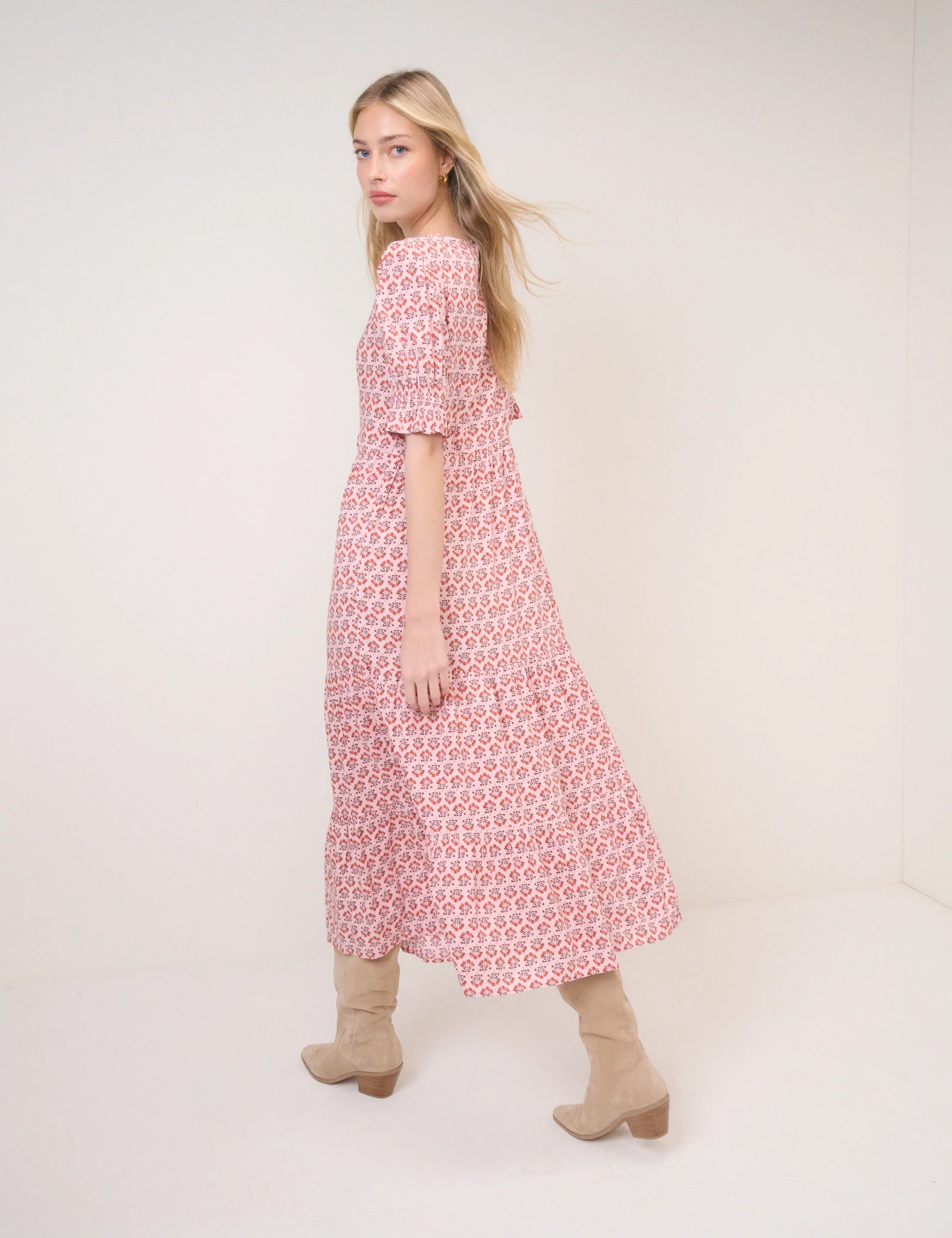 Pink Floral Puff Sleeve Lia Midi Dress - Image 5