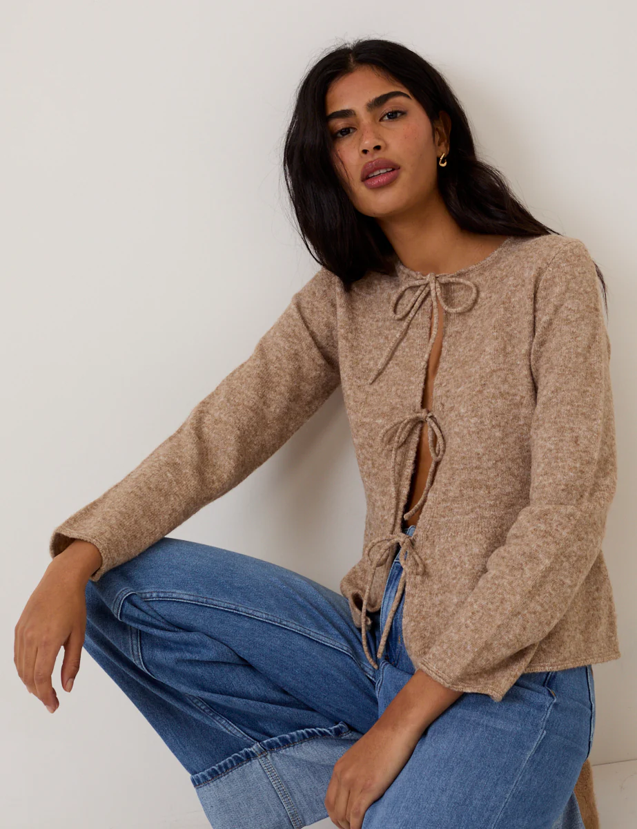 Light Brown Tie Front Peplum Cardigan - Image 2
