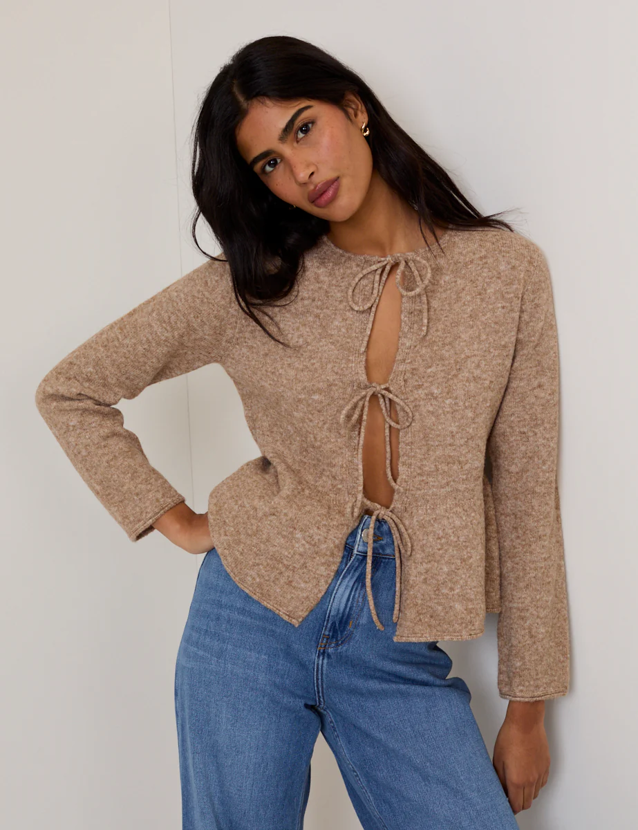 Light Brown Tie Front Peplum Cardigan - Image 4