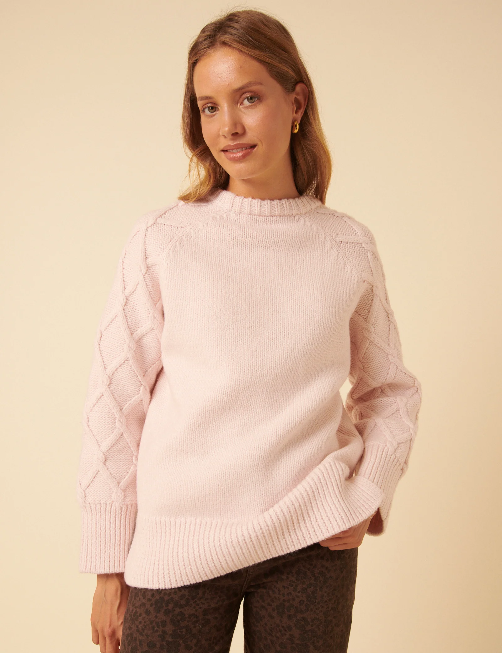 Light Pink Cable Knit Crew Neck Jumper - Image 3
