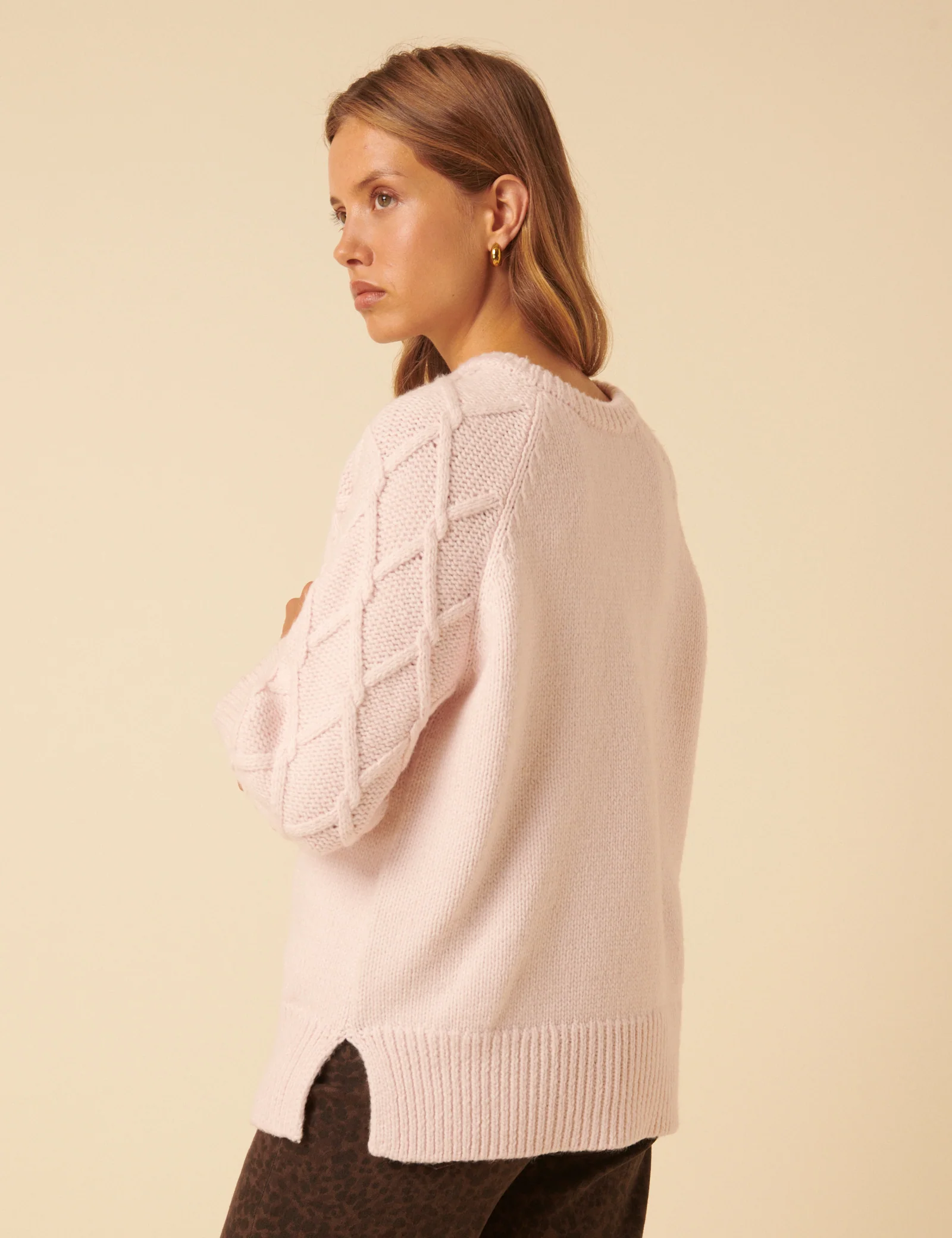 Light Pink Cable Knit Crew Neck Jumper - Image 5