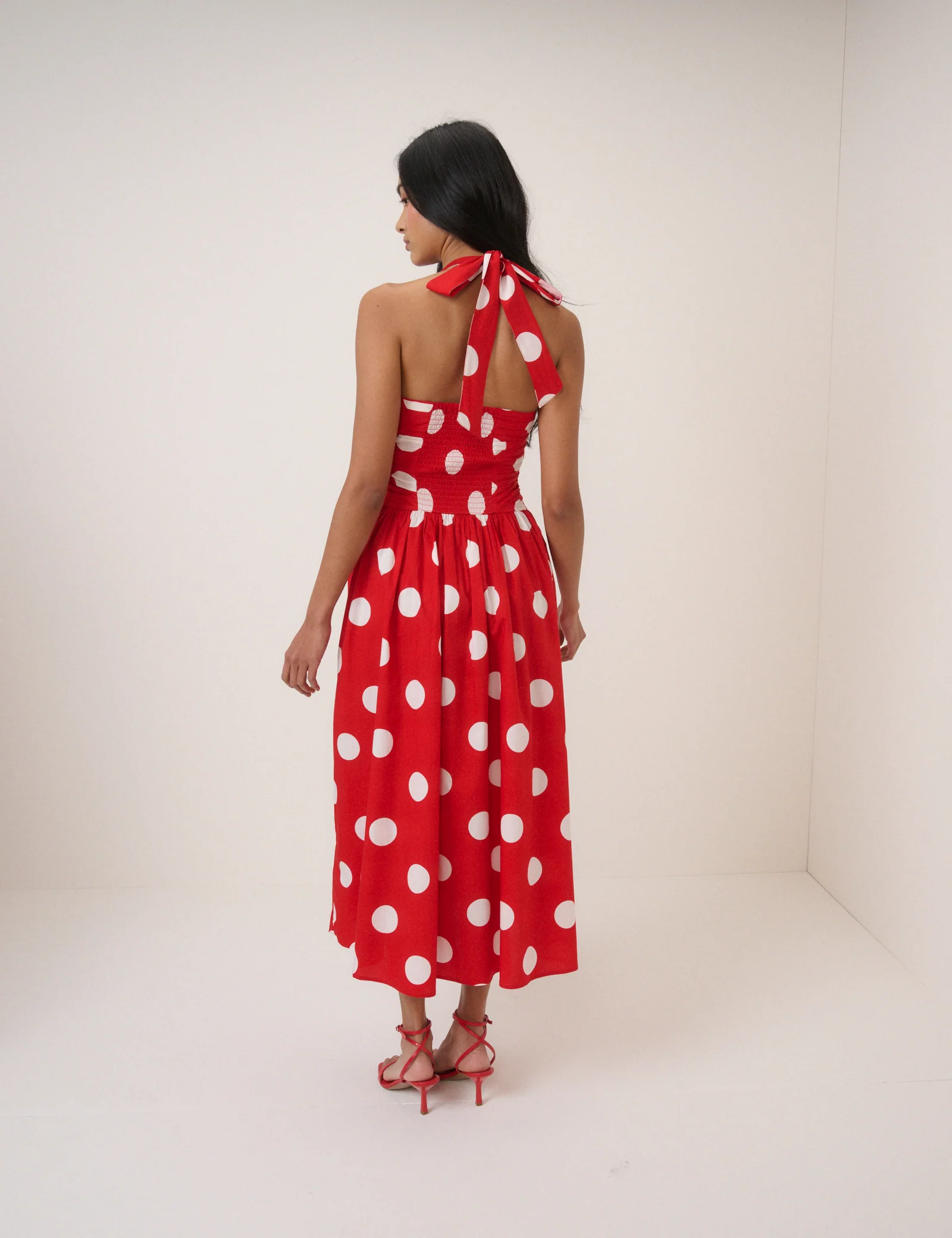 Red Polka Dot Halterneck Lilah Midi Dress - Image 5