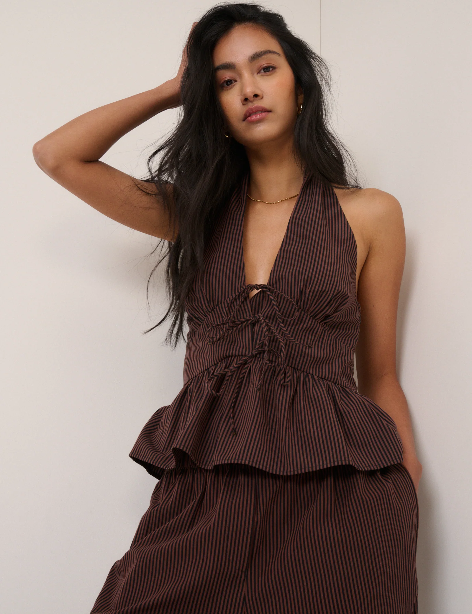 Brown Pinstripe Halterneck Top - Image 3