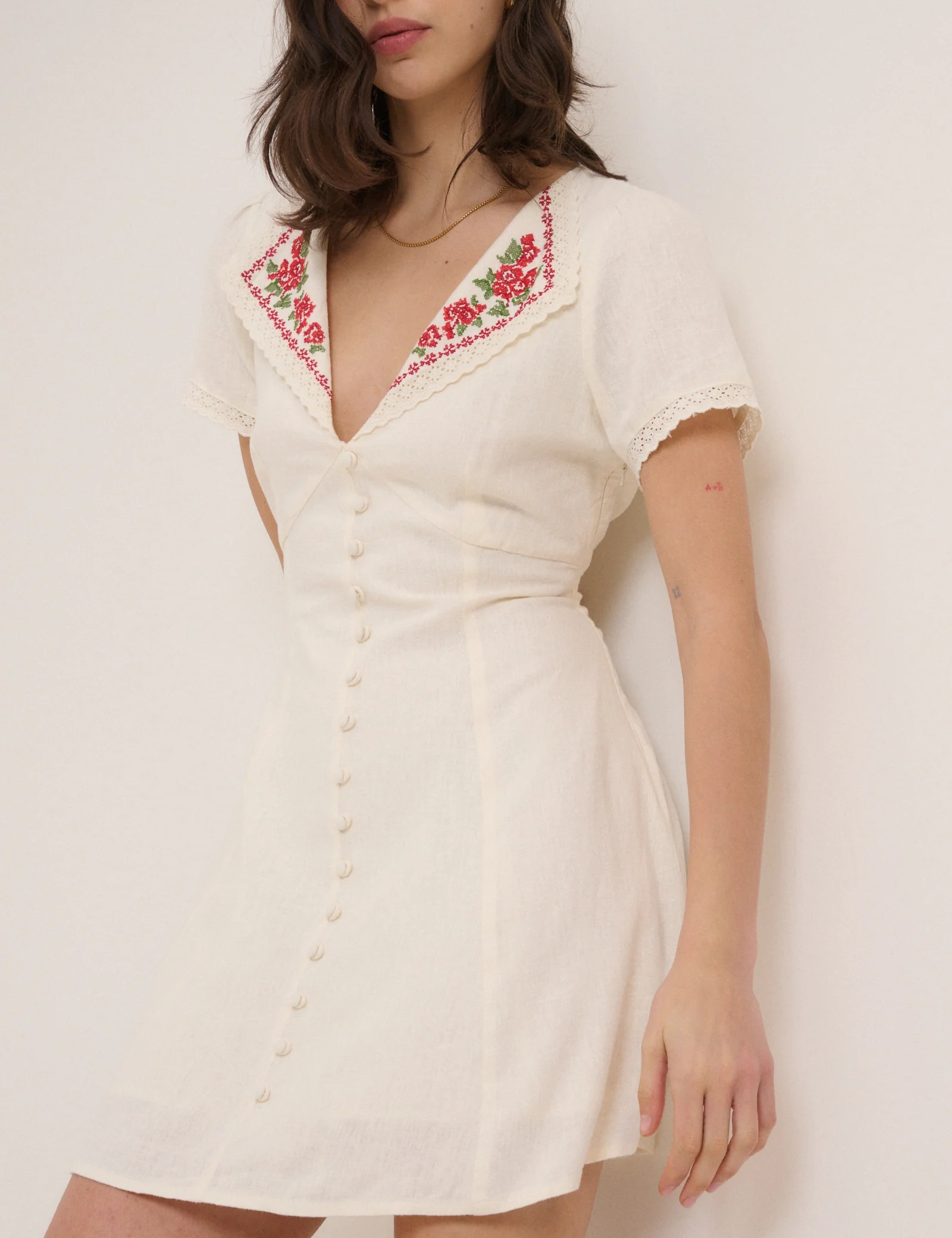 Cream Floral Collar Linen-Blend Lillian Mini Dress - Image 3