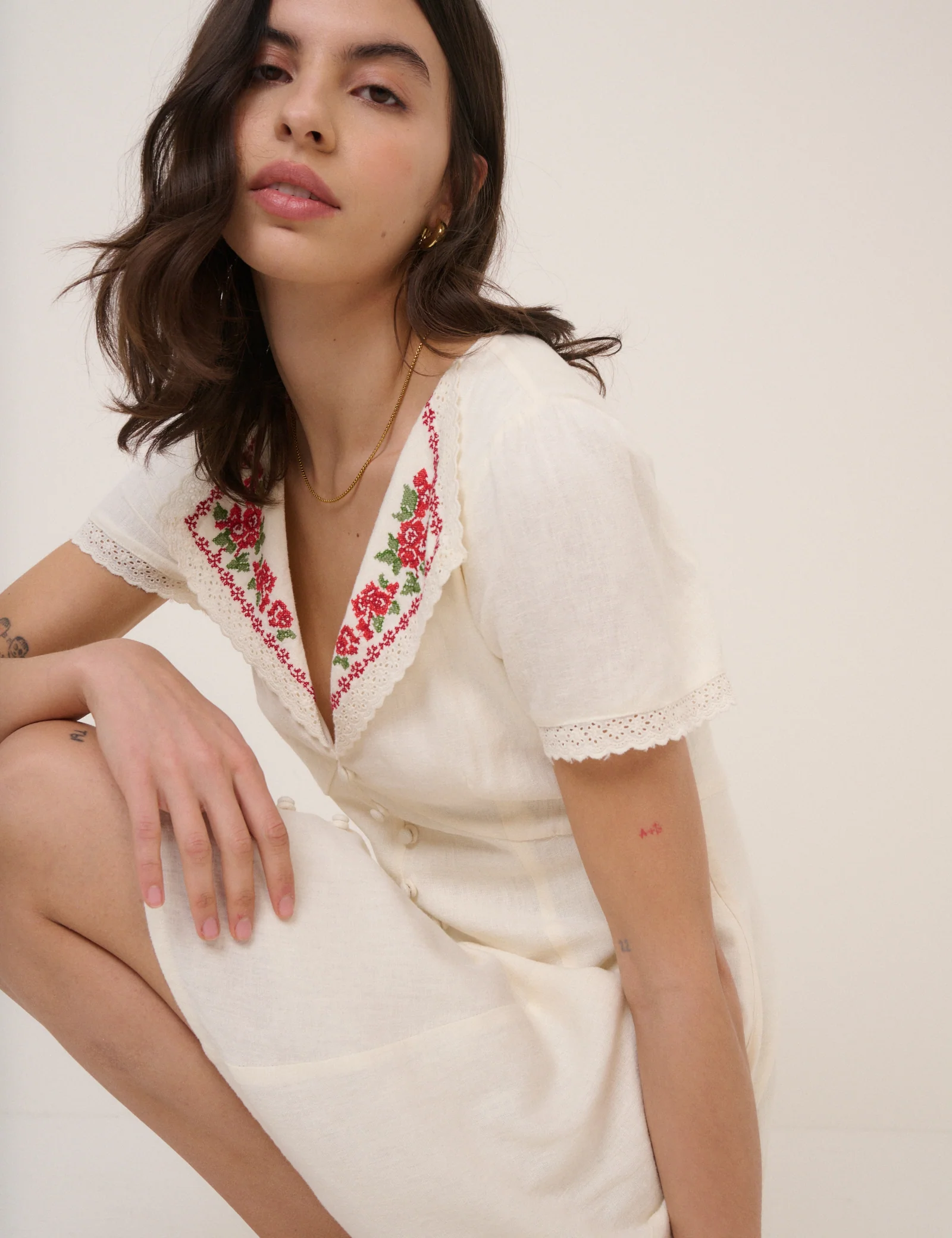 Cream Floral Collar Linen-Blend Lillian Mini Dress - Image 5