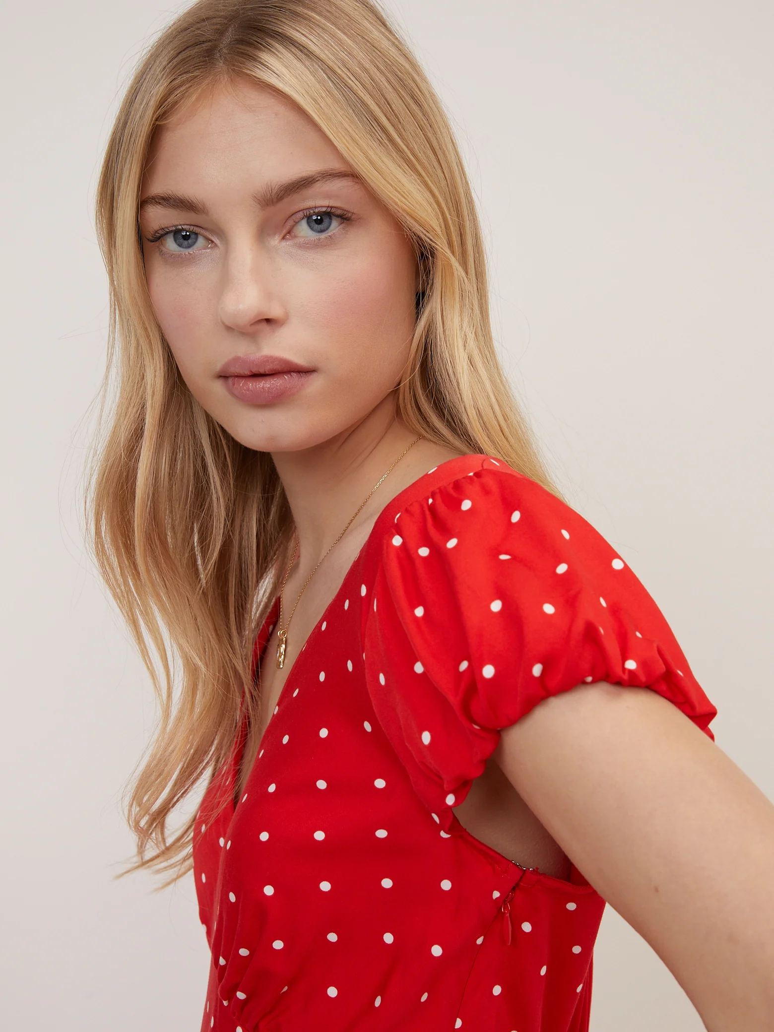Red Polka Dot V Neck Lina Midi Dress - Image 3