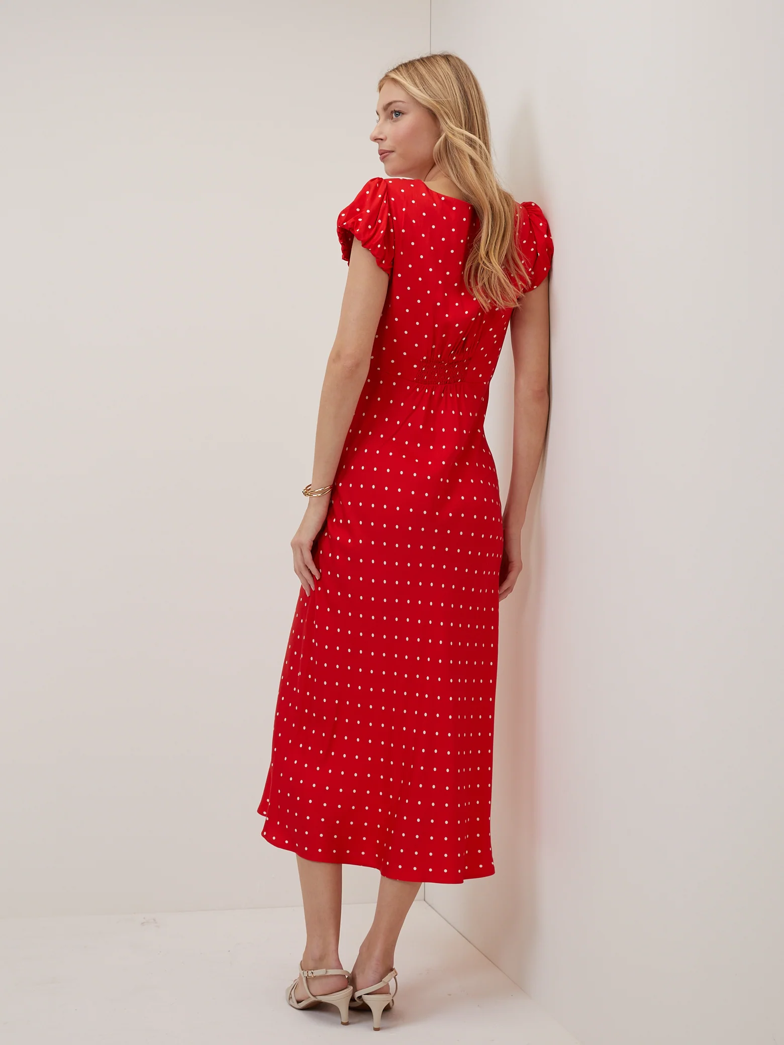 Red Polka Dot V Neck Lina Midi Dress - Image 4
