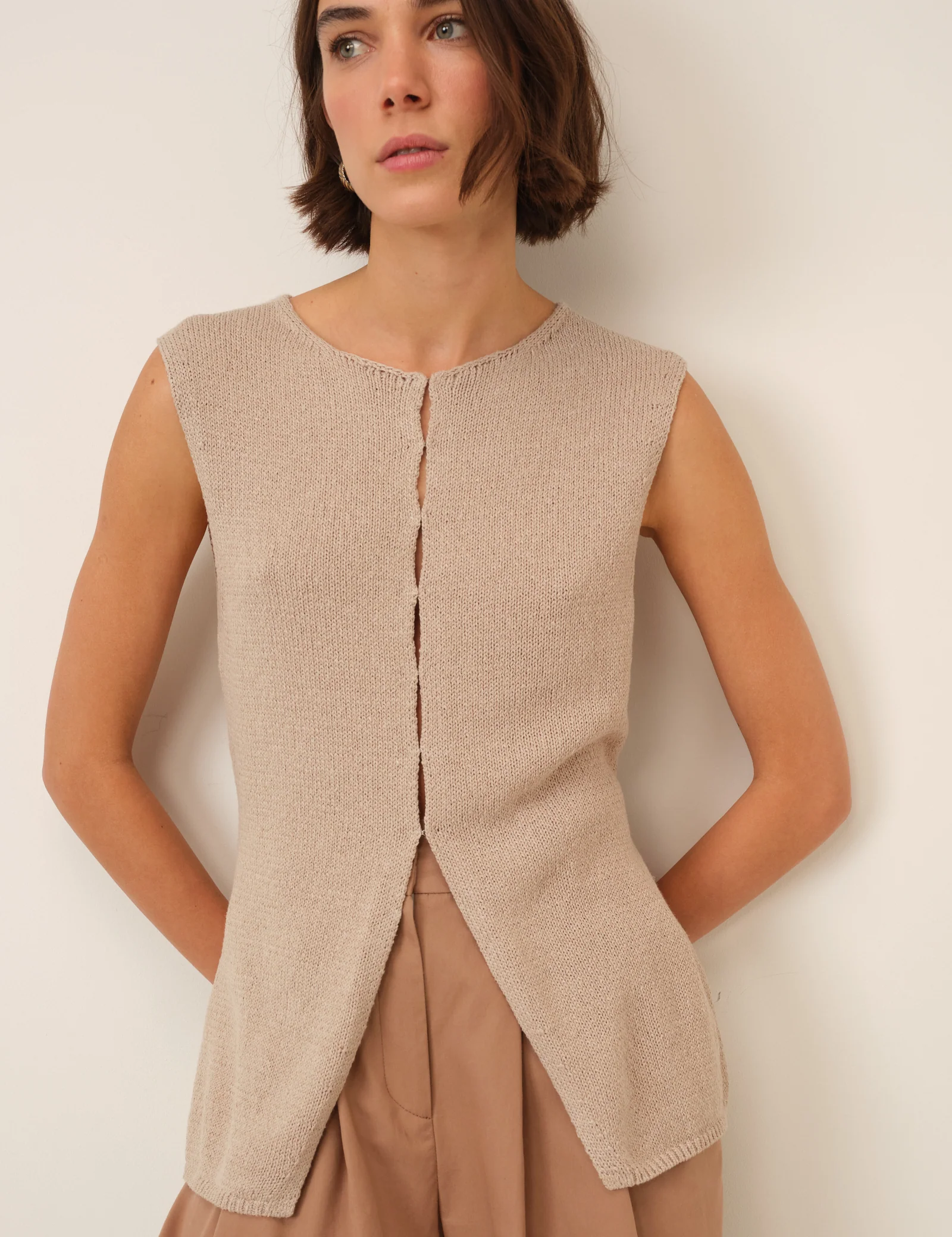 Beige Long Line Knitted Waistcoat